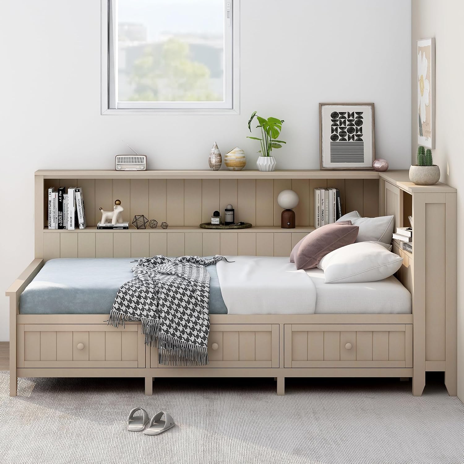Twin Size Lounge Daybed with Storage Shelves and 3 Drawers, Wooden Sofa Bed Frame with Slat Support for Apartment, Bedroom, Guest Room, No Box Spring Required