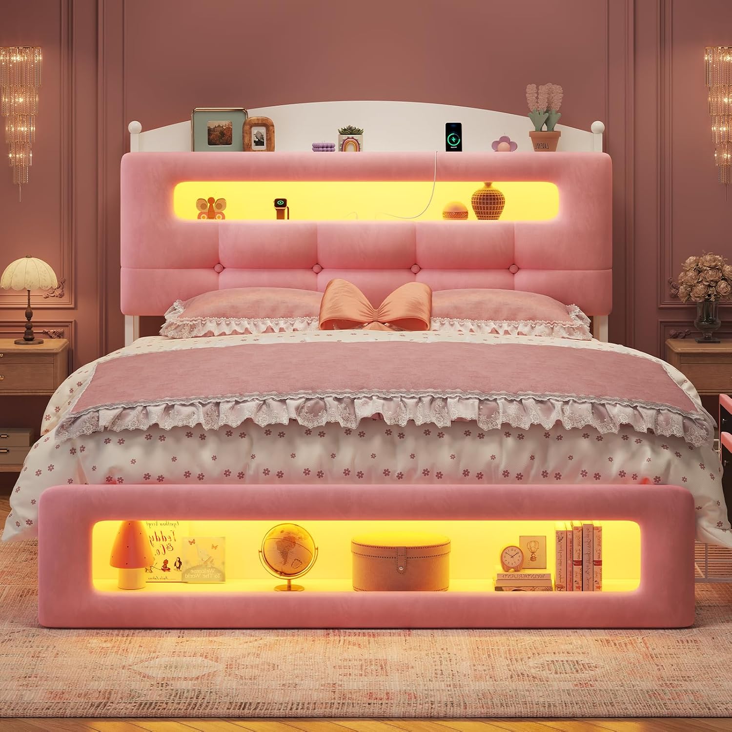 UPOSOJA Full Size Upholstered Platform Bed Frame with 2 Drawers LED Lighting, Storage Headboard and Footboard, Remote/App Control, No Box Spring Needed,Pink,(Full)