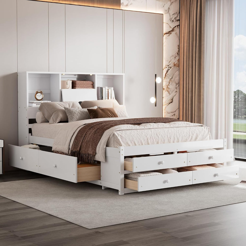 Queen Size Wood Platform Bed with 8 Storage Drawers and Bookcase Headboard for Bedroom (White, Queen)