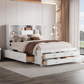 Queen Size Wood Platform Bed with 8 Storage Drawers and Bookcase Headboard for Bedroom (White, Queen)