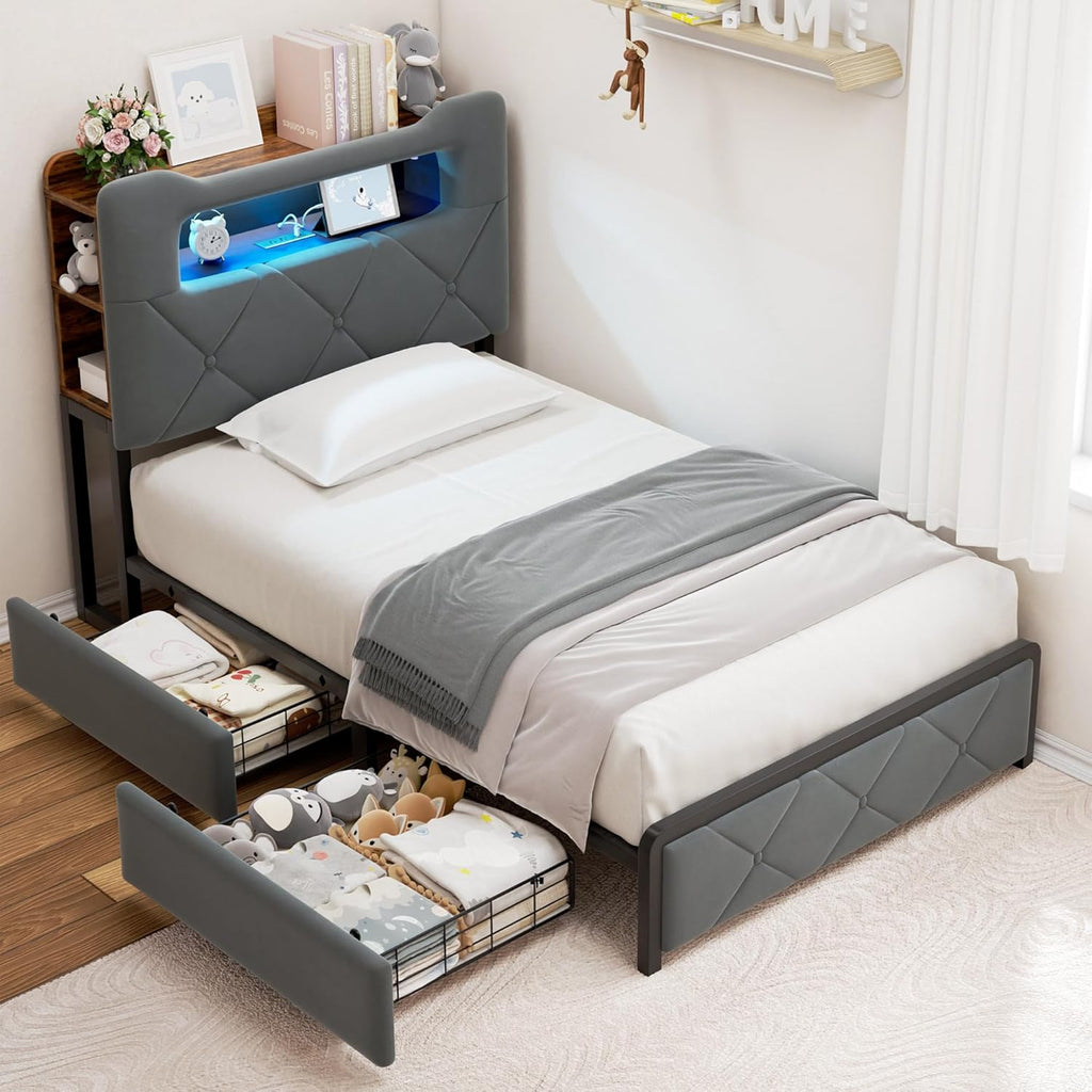 Jocoevol Twin Upholstered LED Bed Frame with 2 Storage Drawers and 2-Tier Storage Bookcase Headboard, Velvet Platform Bed for Kids/Girls/Boys, Corner Bed Frame, Heavy Duty Metal Support, Grey