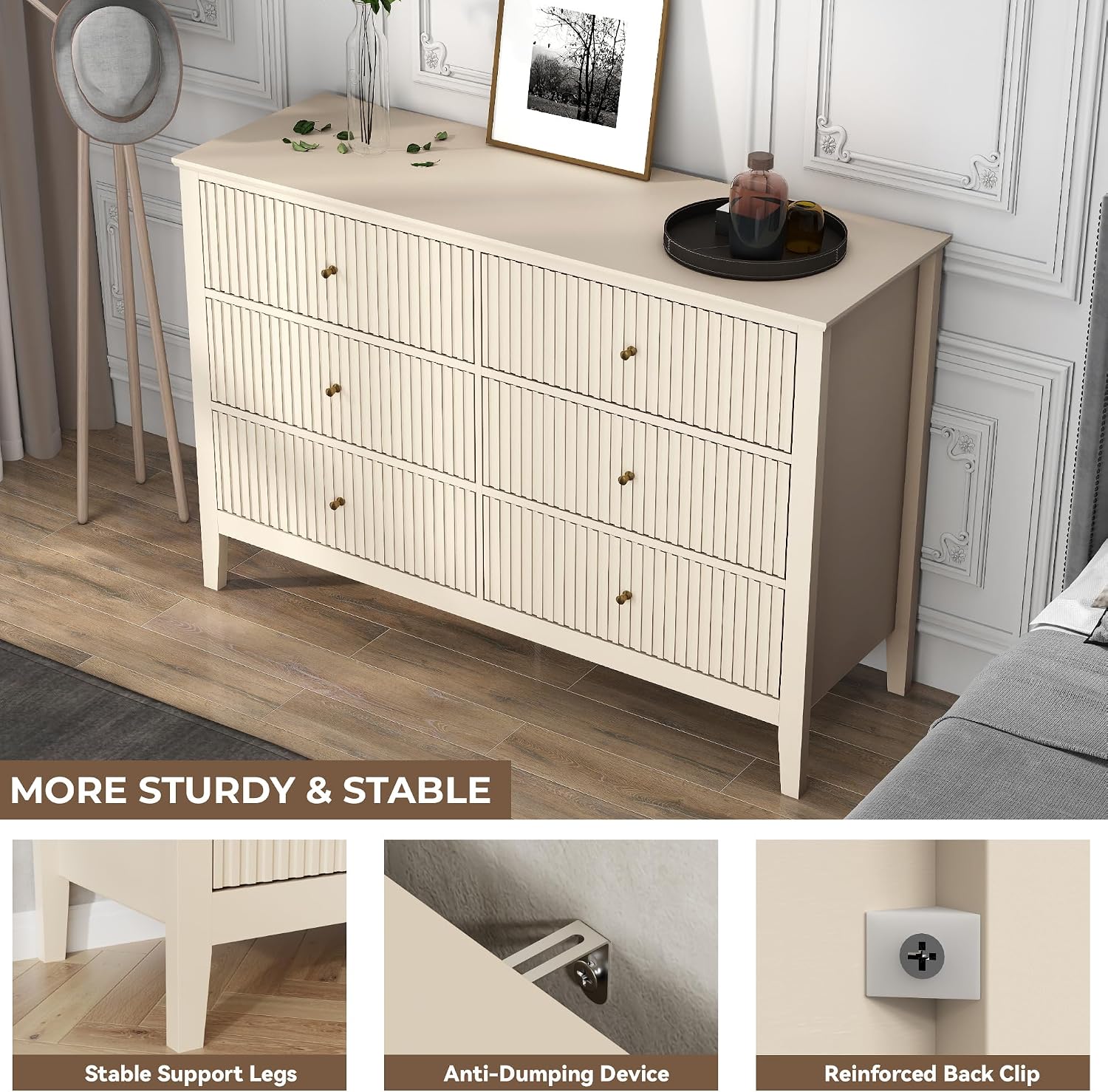 Beige Dresser for Bedroom, 6 Drawers Fluted Chest of Drawers with Storage, Modern 47'' Wide Dresser with Paint Design, Wood Drawer Organizer Dressers for Entryway, Hallway