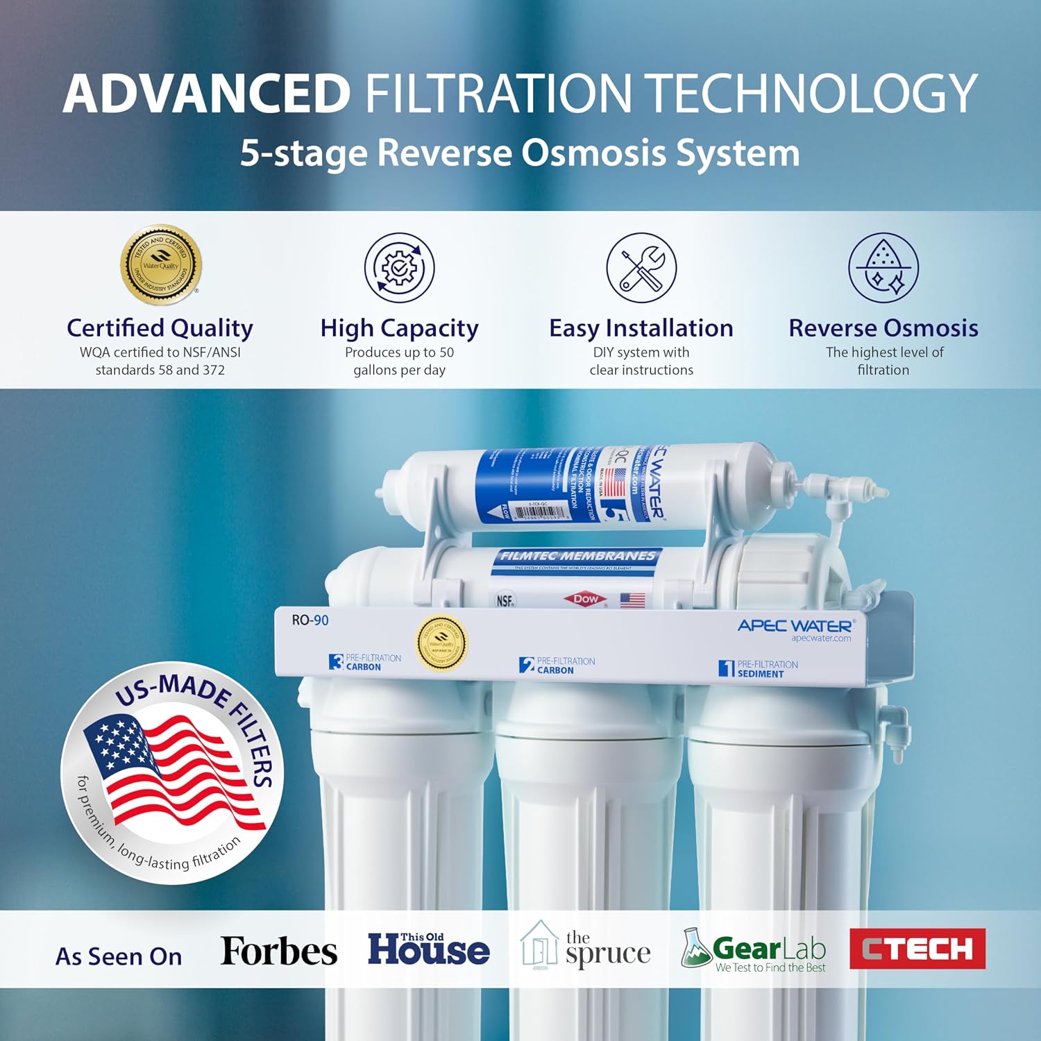 APEC Water RO-90, 5-Stage Under Sink Reverse Osmosis Water Filter System, NSF Certified 372 & 58, 90 GPD, Reduces 99% of Impurities
