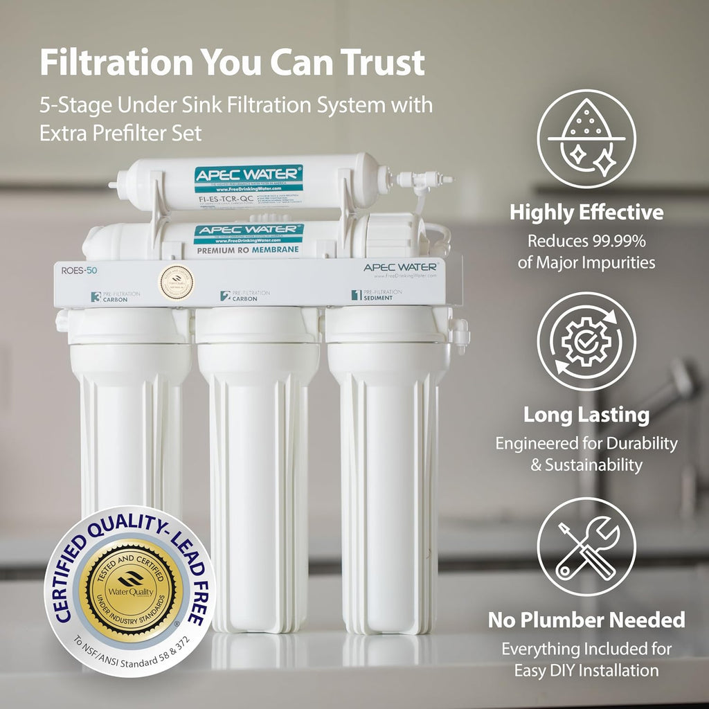 APEC Water ROES-50X 5-Stage Under Sink Reverse Osmosis Water Filter System, NSF Certified 372 & 58, 50 GPD, with Extra High Capacity Pre-Filter Set Stage 1-3