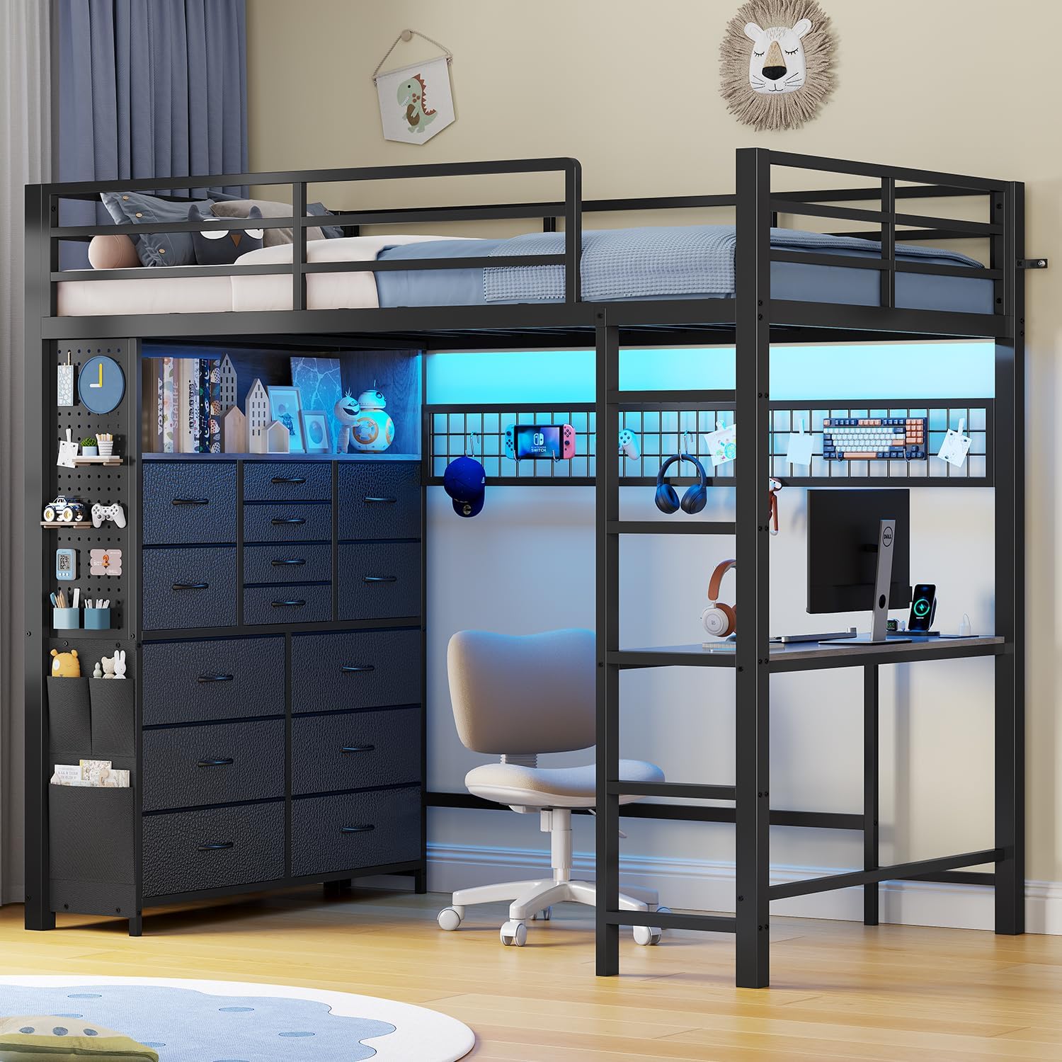 ADORNEVE Twin Loft Bed with Desk,14 Storage Drawers & Power Outlet, Kids Loft Bed Twin Size with LED Lights, Pegboard, Metal Loft Beds with Safety Guardrail & Ladder, Space Saving for Teens, Black
