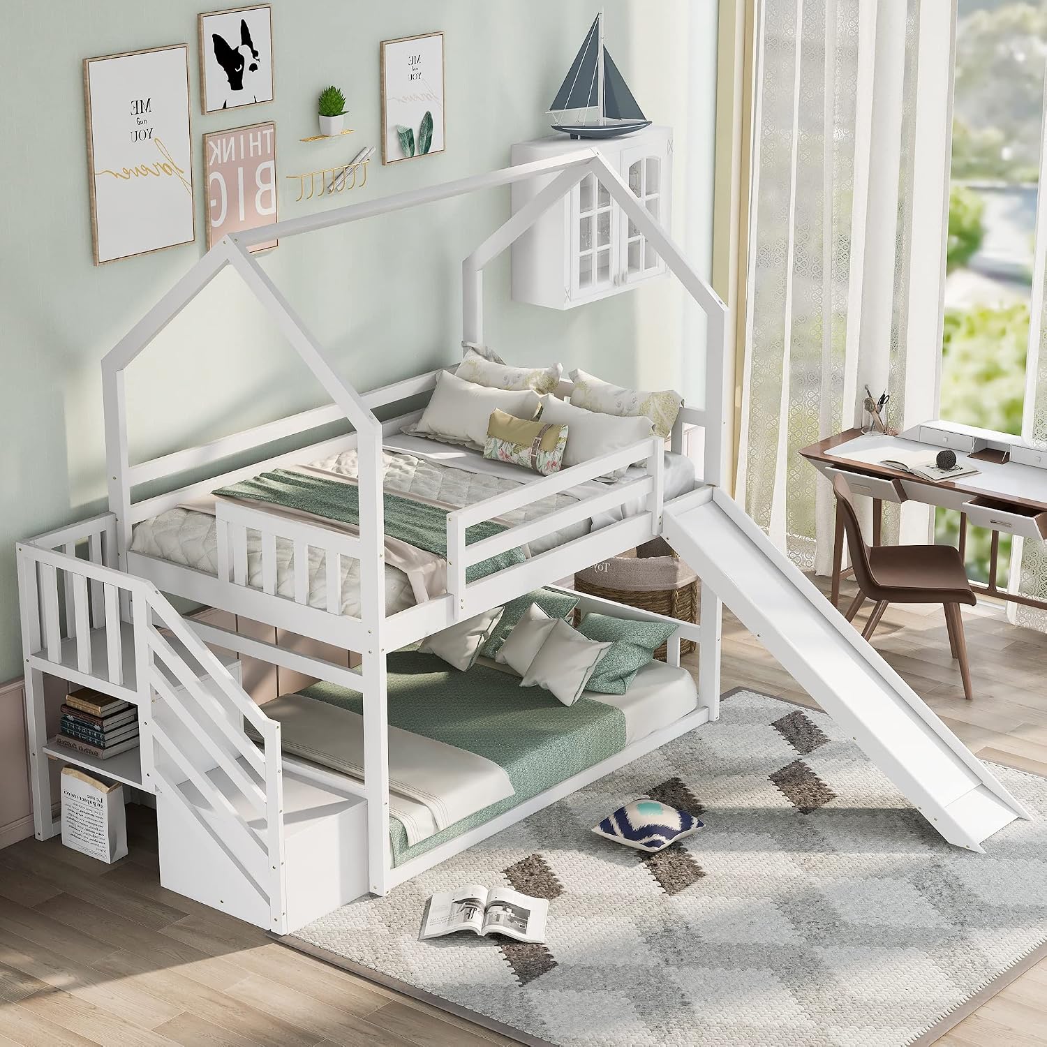 Wood House Bunk Bed for Kids Toddlers, Twin Over Twin Bunk Bed with Convertible Slide, Storage Staircase Can be Placed Left or Right, No Spring Box Required (White+House03)