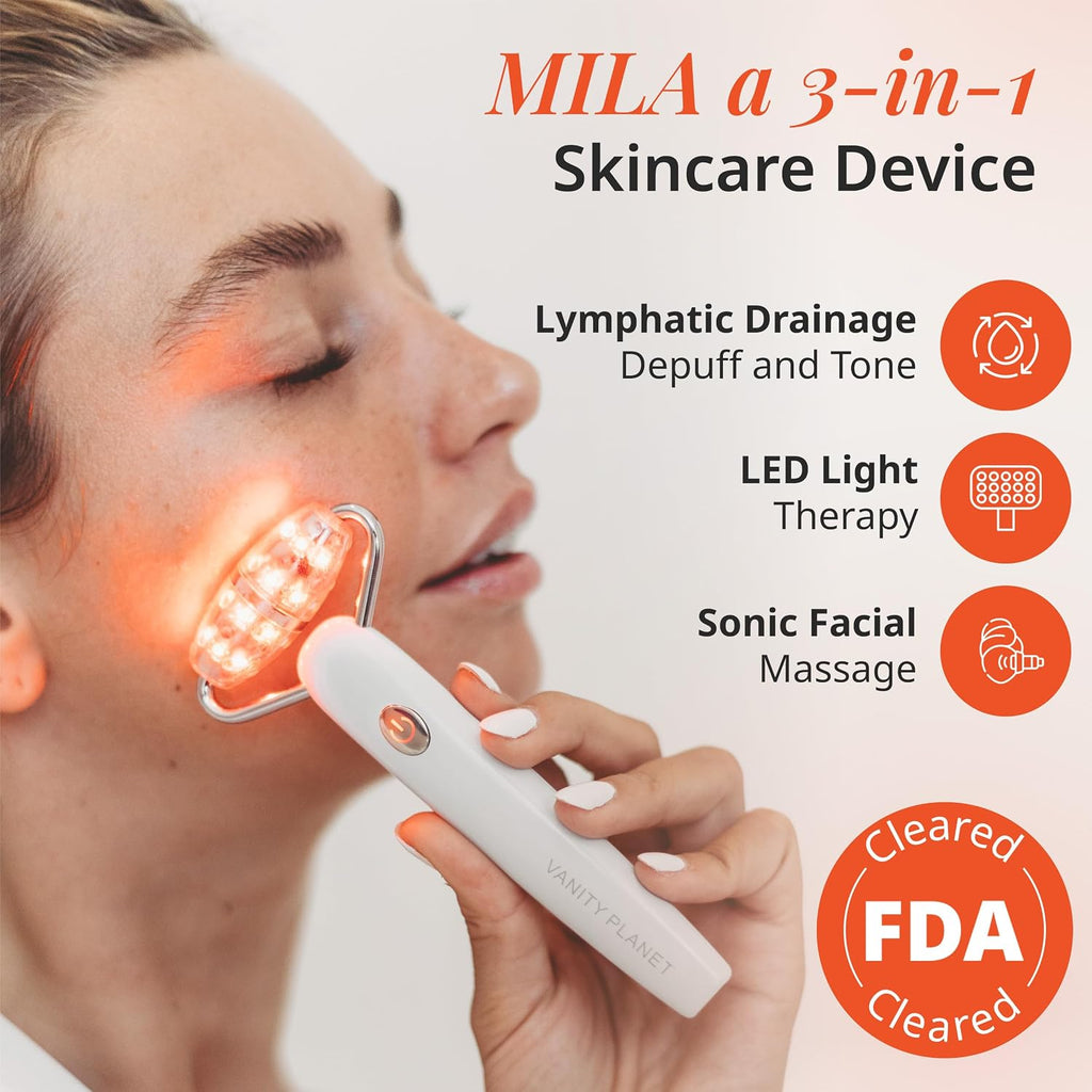 Vanity Planet Mila Contour & Define LED Facial Roller - 3-in-1 Skin Massager with Cooling, Sonic Vibration & Red Light Therapy - Ergonomic Anti-Aging Face and Neck Massager for Firming & Relaxation