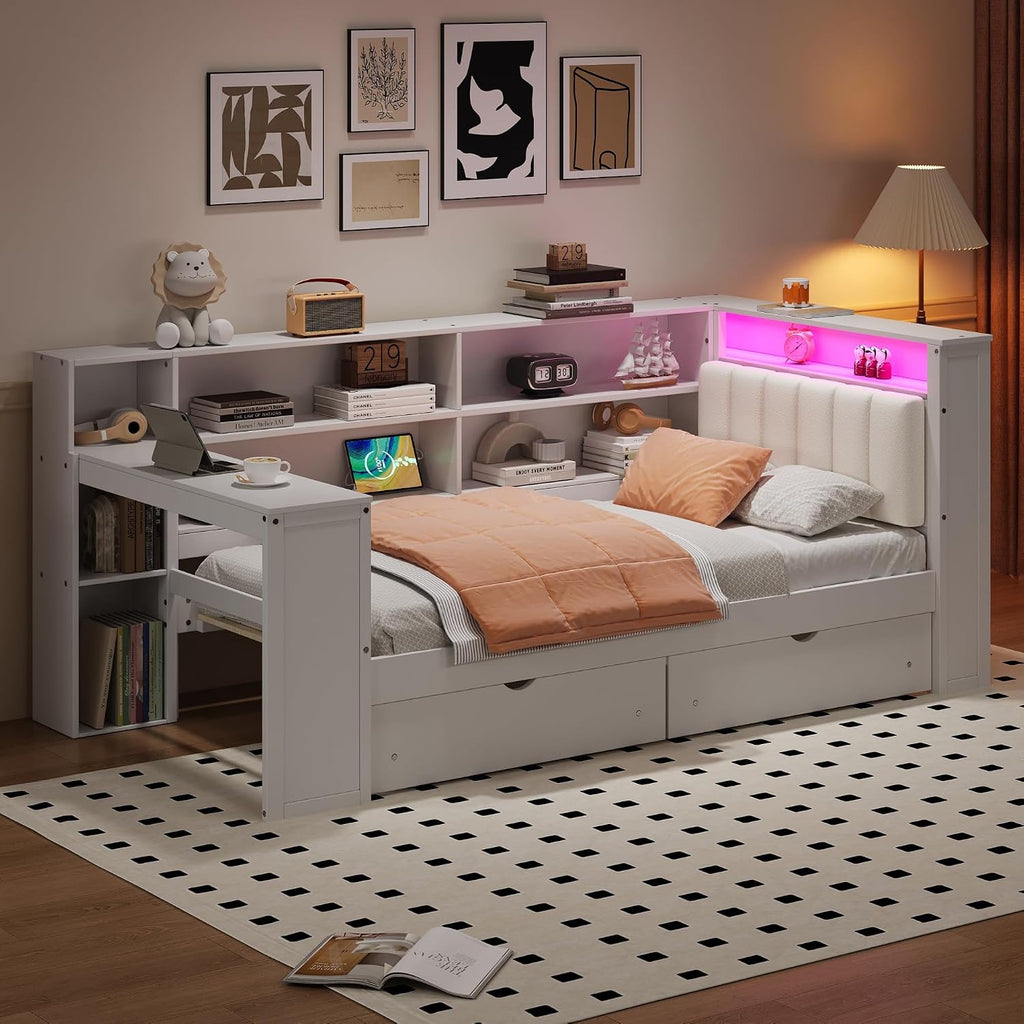 Twin Size Platform Bed with Storage Shelves and Drawers, Solid Wood Daybed with Charging Station, LED, Desk and Upholstered Headboard for Living Room Bedroom (White-JU11)