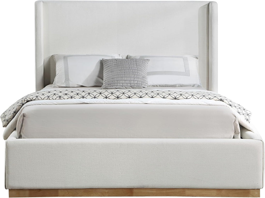 Meridian Furniture FlynnCream-F Flynn Collection Modern | Contemporary Full Bed with Cream Linen Textured Fabric, Natural Finish Solid Wood Base, Wing Back, 58.5' W x 82.5' D x 52' H, Cream, Full