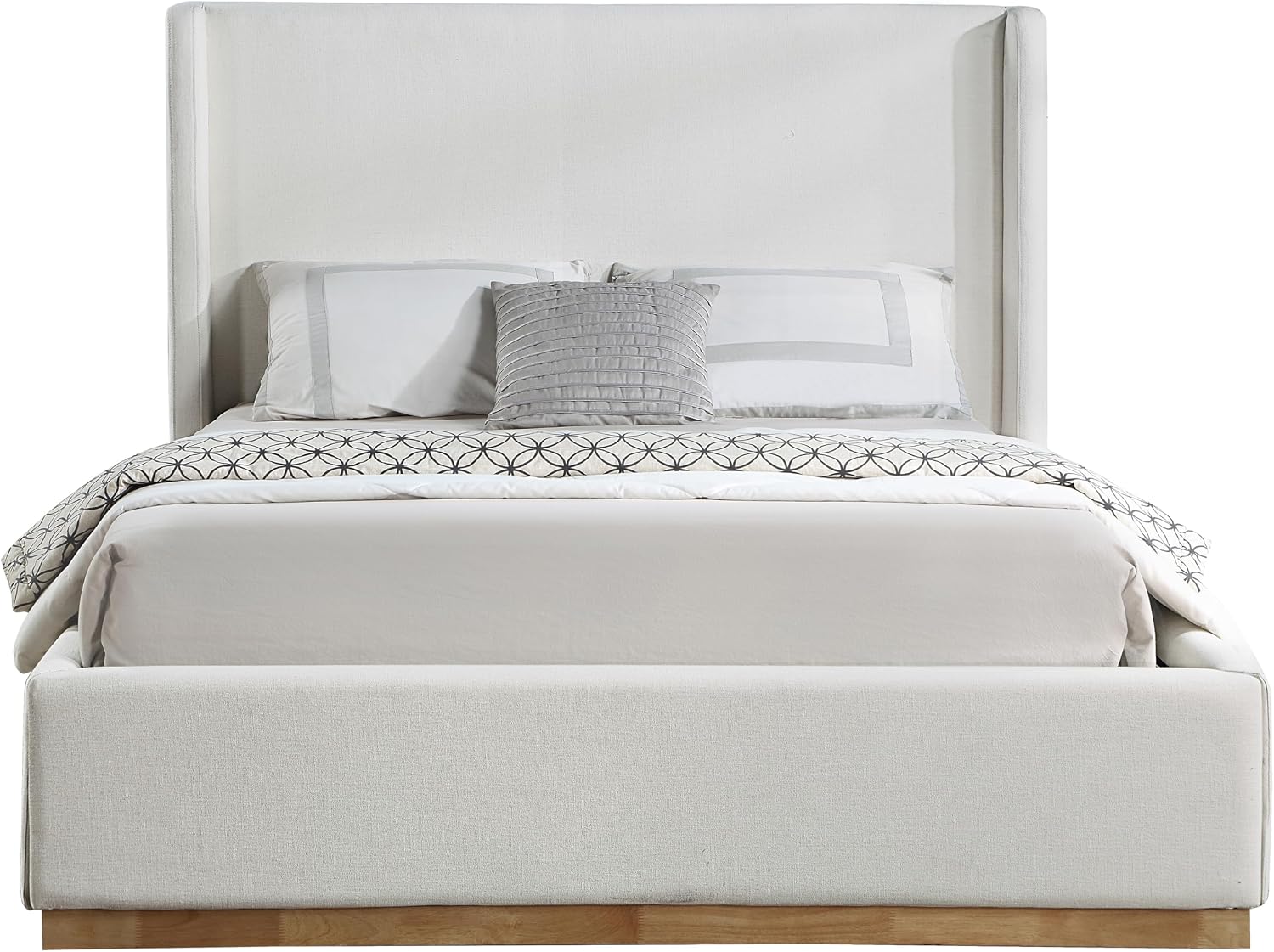 Meridian Furniture FlynnCream-F Flynn Collection Modern | Contemporary Full Bed with Cream Linen Textured Fabric, Natural Finish Solid Wood Base, Wing Back, 58.5' W x 82.5' D x 52' H, Cream, Full