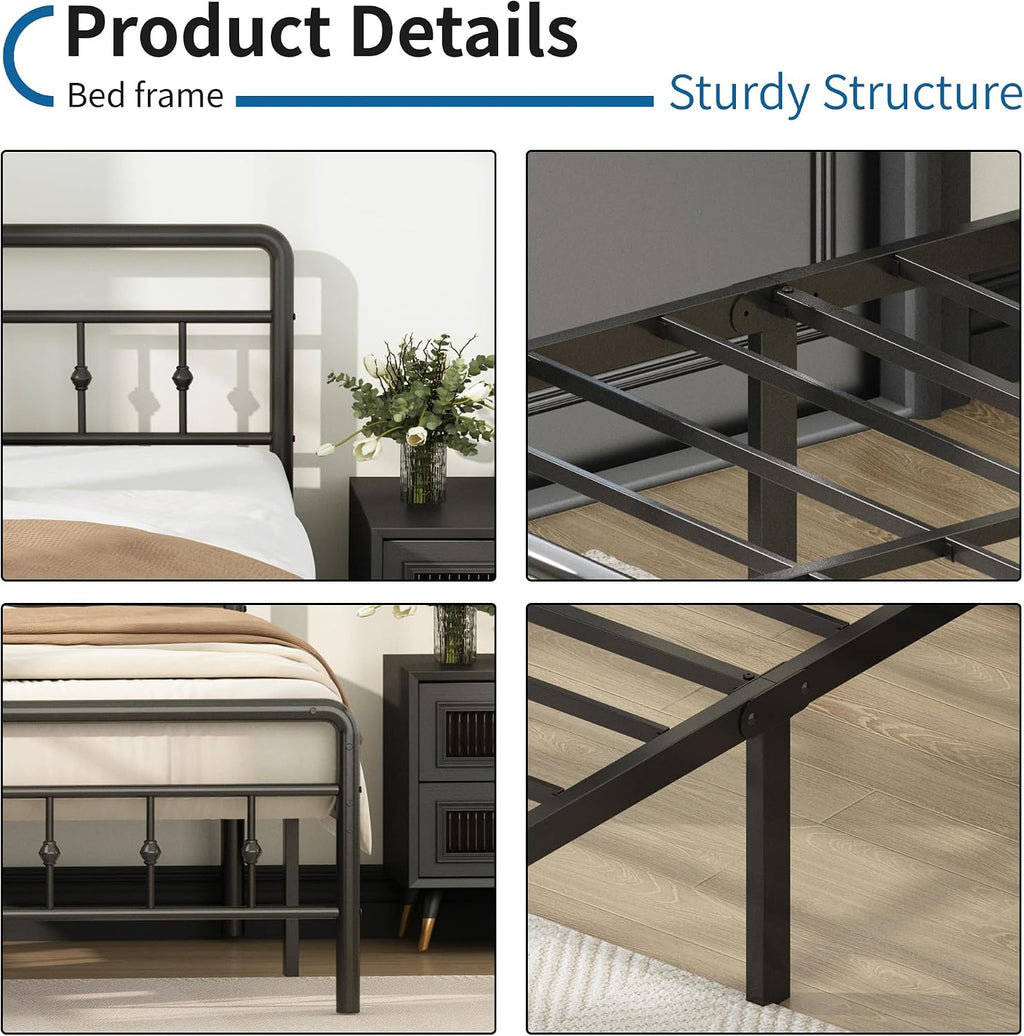 DiaOutro 16 Inch Twin XL Bed Frame with Headboard and Footboard, Classic Metal Platform No Box Spring Needed Heavy Duty Victorian Style Iron-Art Mattress Foundation/Under Bed Storage