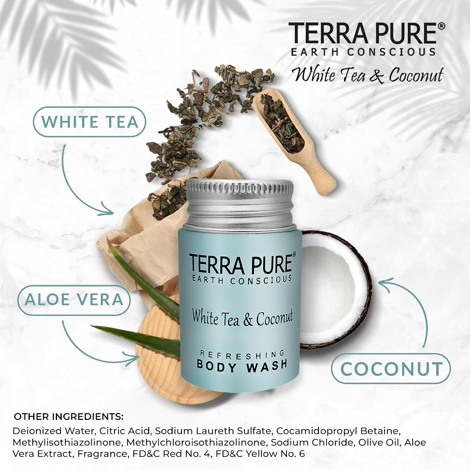 Travel Size Hotel Body Wash 300 Count 1 oz Bottles Guest Amenities for Hotels Vacation Rentals & Short Term Rentals Paraben Free White Tea & Coconut Scent Infused with Aloe and Olive Oil by Terra Pure
