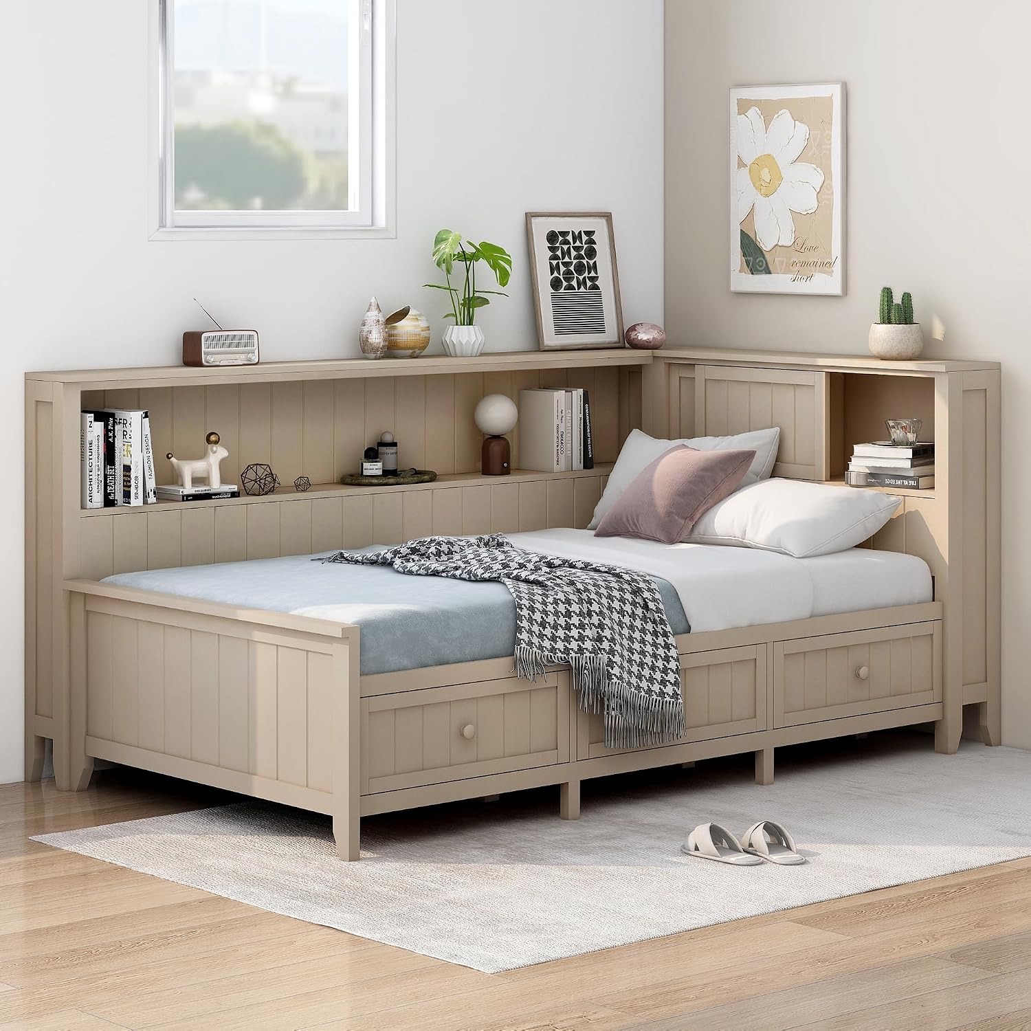 Twin Size Lounge Daybed with Storage Shelves and 3 Drawers, Wooden Sofa Bed Frame with Slat Support for Apartment, Bedroom, Guest Room, No Box Spring Required