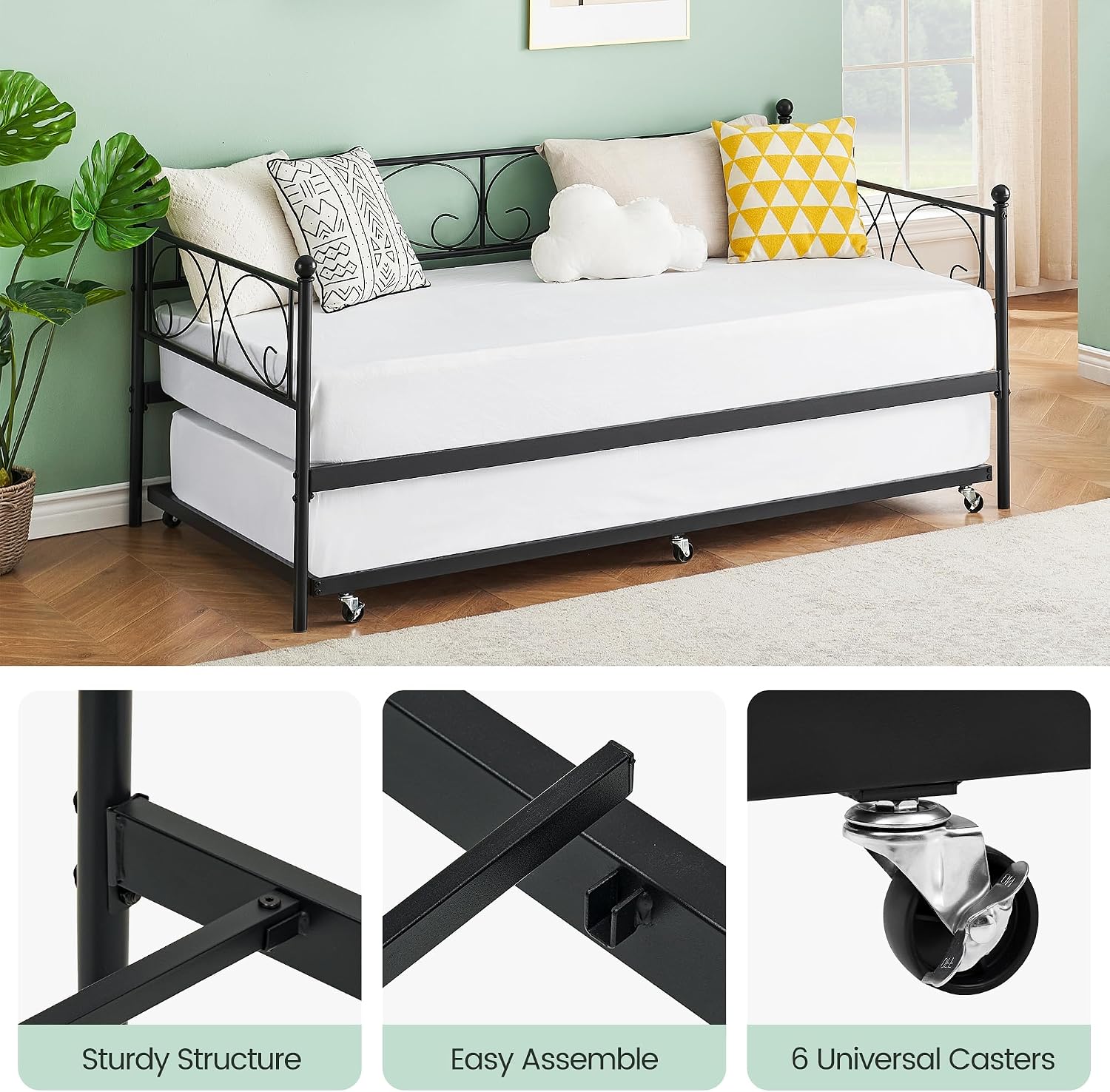 TrailBlaze Modern Space-Saving Twin Metal Daybed with Trundle - Heavy Duty Frame, Stylish Curved Floral Headboard, No Box Spring Needed, Perfect for Bedroom, Living Room, Guest Room - Black Suit, One