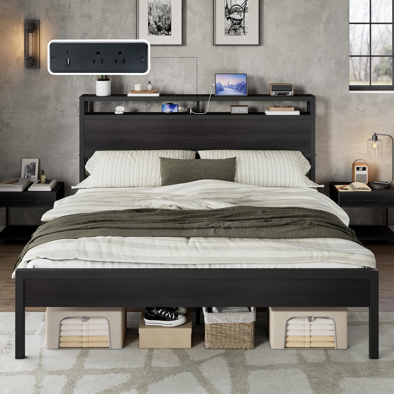 AMERLIFE King Size Bed Frame with Storage Headboard & Charging Station, Industrial Metal Platform Bed with Large Under-Bed Storage, Heavy Duty Slats, No Box Spring Needed, Black