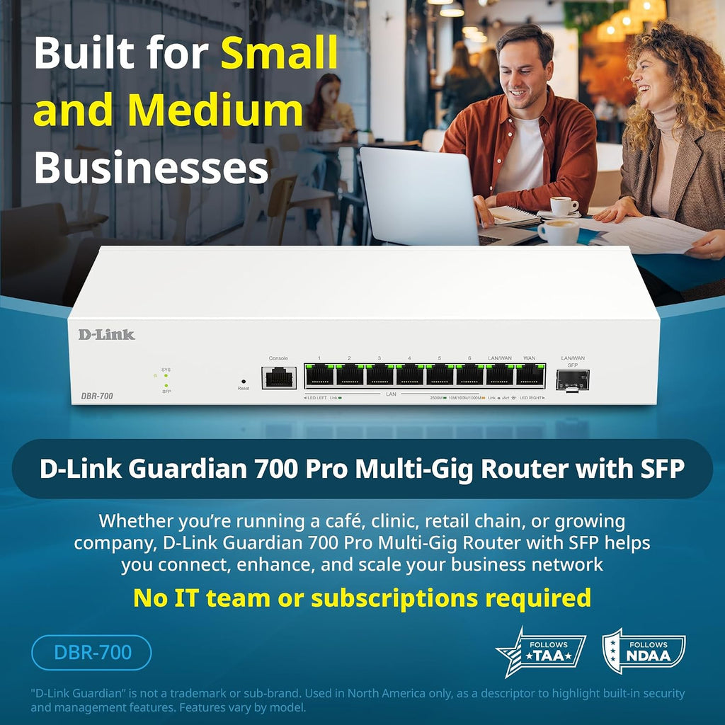 D-Link Guardian 700 Pro Multi-Gig Business Router with SFP (DBR-700), Premium Router with Multi-WAN Failover, SPI Firewall, 8X 2.5GbE LAN with SFP, VPN