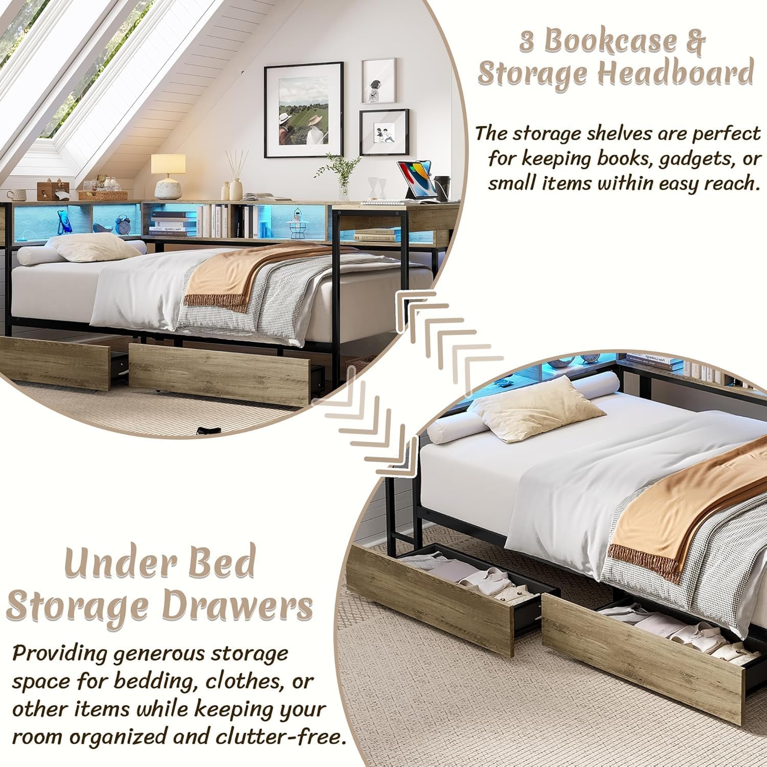 Full Corner Bed Frame with Desk and Storage Bookcase, L- Shaped Daybed with 2 Drawers, LED Lights & 2 Charging Station, Modern Metal Full Size Platform Bed for Kids/Teen Bedroom, Brown