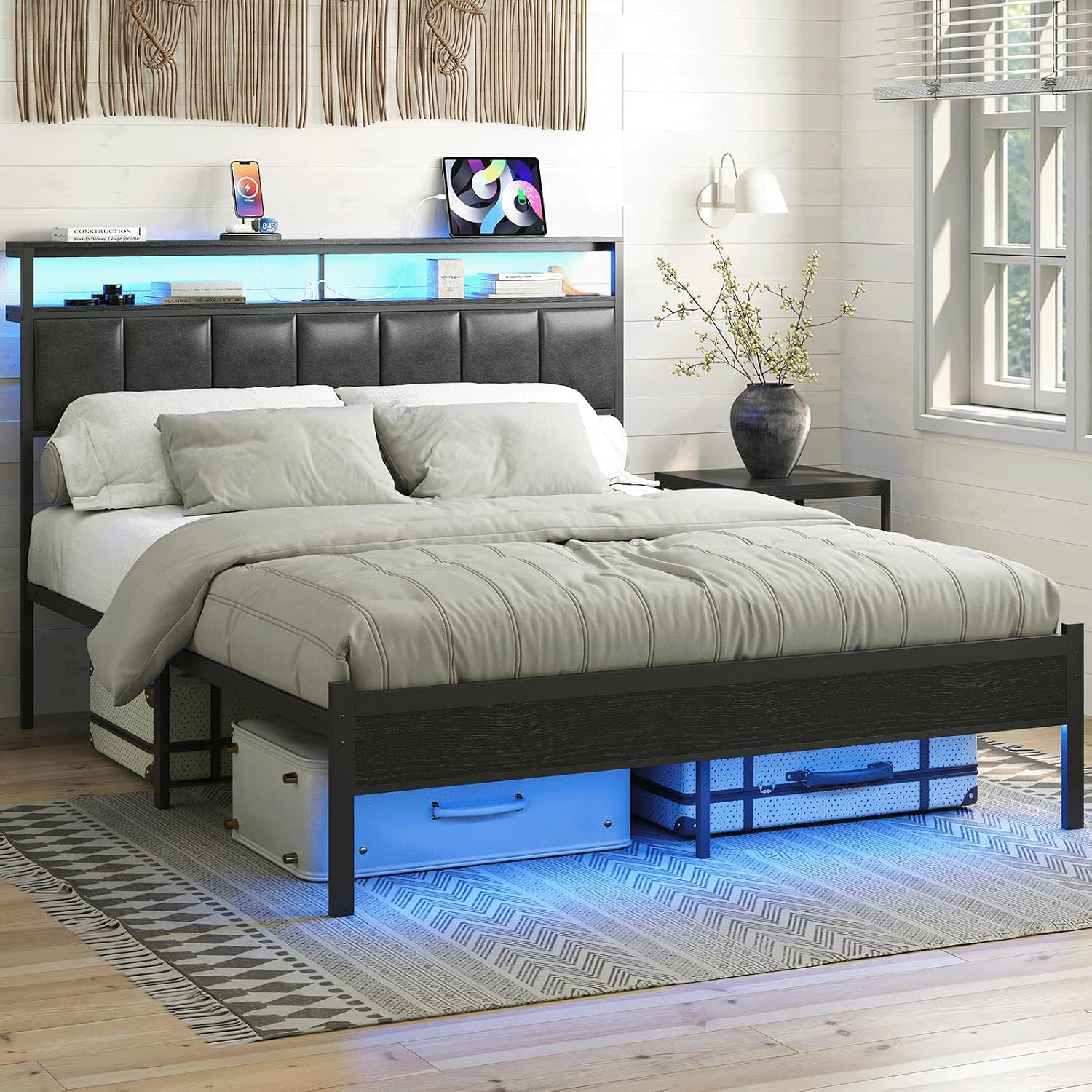 Queen Bed Frames with Charging Station and LED Lights, Black Queen Size Platform Bed with Metal Slats, Upholstered Headboard with 2-Tier Storage Shelves, No Box Spring Needed