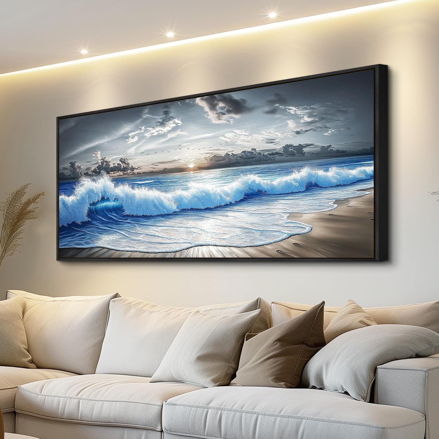 PHAOHUAXM Large Canvas Modern Black White Printed Artworks Wall Decor For Living Room Wall Art For Bedroom Office Dining room Blue Ocean Wave Painting Wall Pictures Home Decor 32'X72' Black Frame