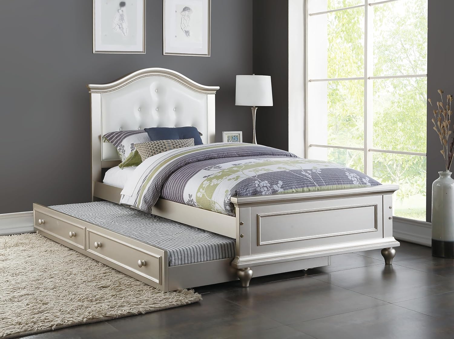 GOWE Contemporary Style Silver Twin Size Bed w/Trundle Slats Pine Plywood Kids Youth Bedroom Furniture White Faux Leather Tufted HB