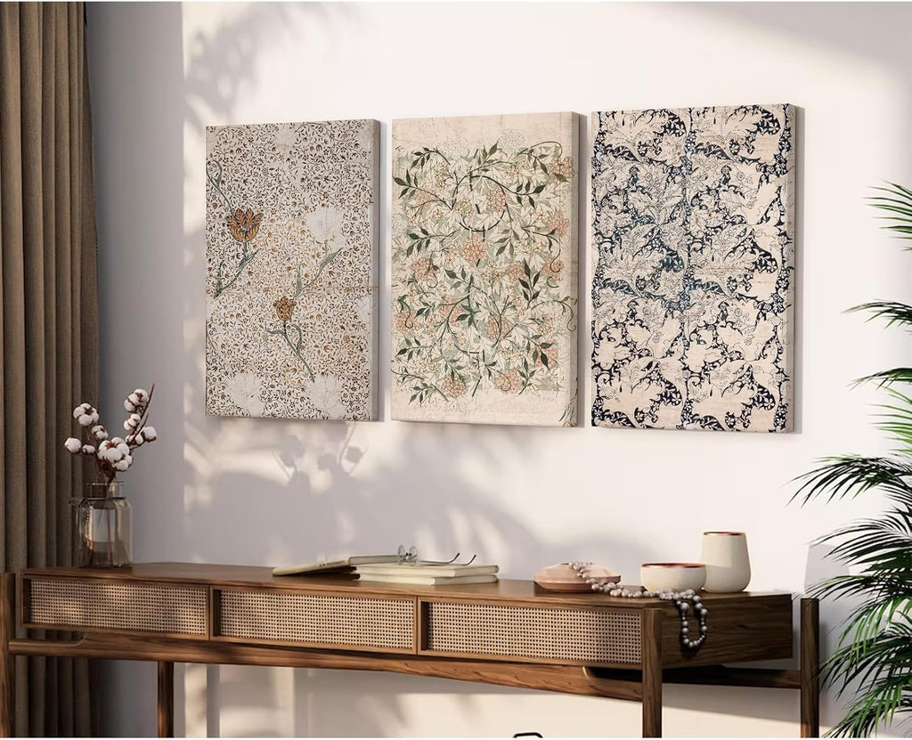 Vintage William Morris Wall Art Decor Boho Floral Botanical Canvas Pictures Abstract Neutral Flower Print Vintage Farmhouse Artwork Painting for Living Room Bedroom 24x36 Inch Wrapped Canvas Set of 3