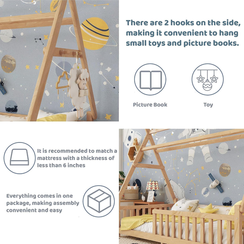 Twin Montessori Kids Floor Bed with Rails and LED Light, Low Twin Beds Frame with Fence and Removable Roof, Wood Montessori Floor Bed Frame for Kids, Girls, Boys, Natural