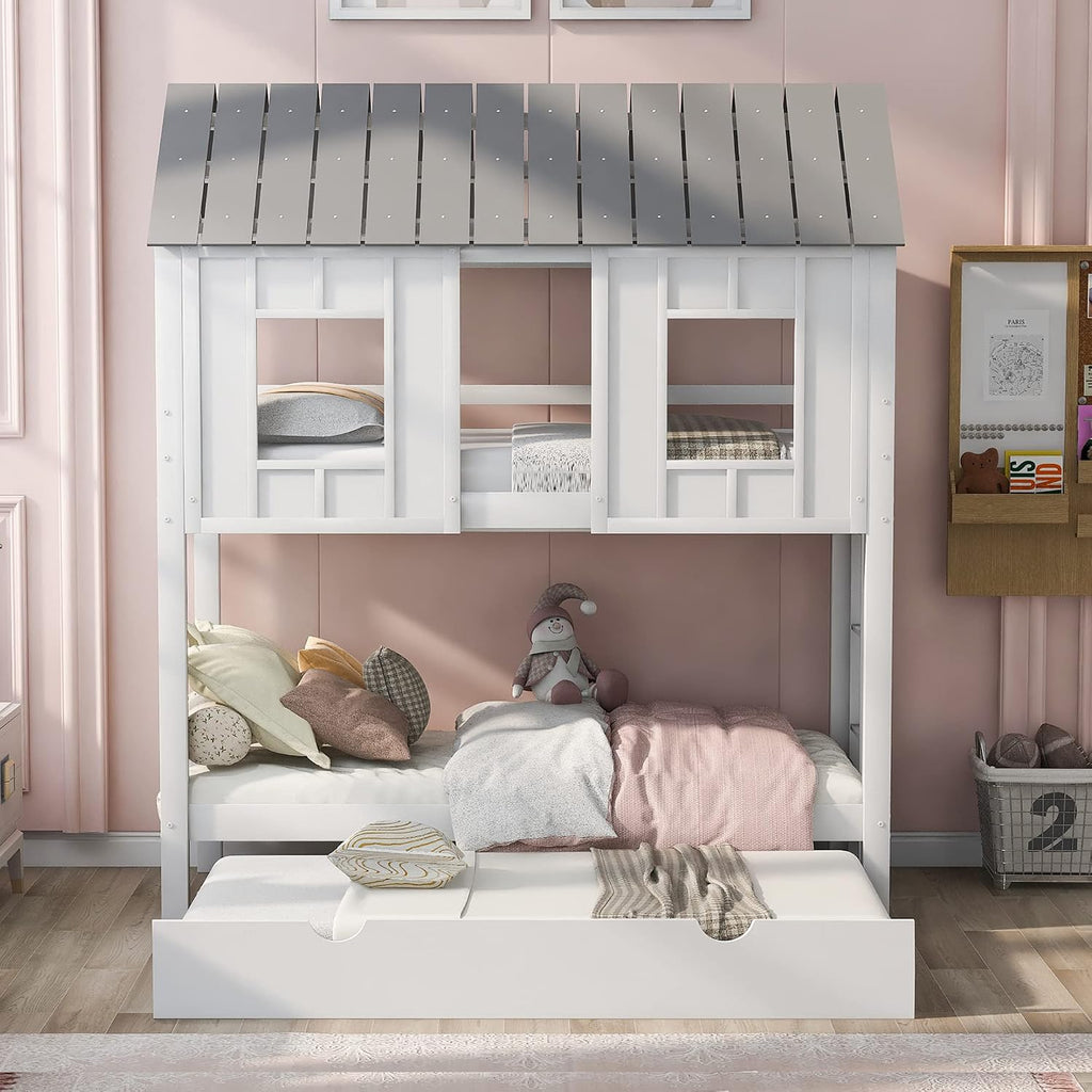Twin Over Twin Bunk Bed for Kids Toddlers, House Bunk Bed Farm with Trundle/Roof/Windows/Guardrail for Girls/Boys, No Spring Box Required