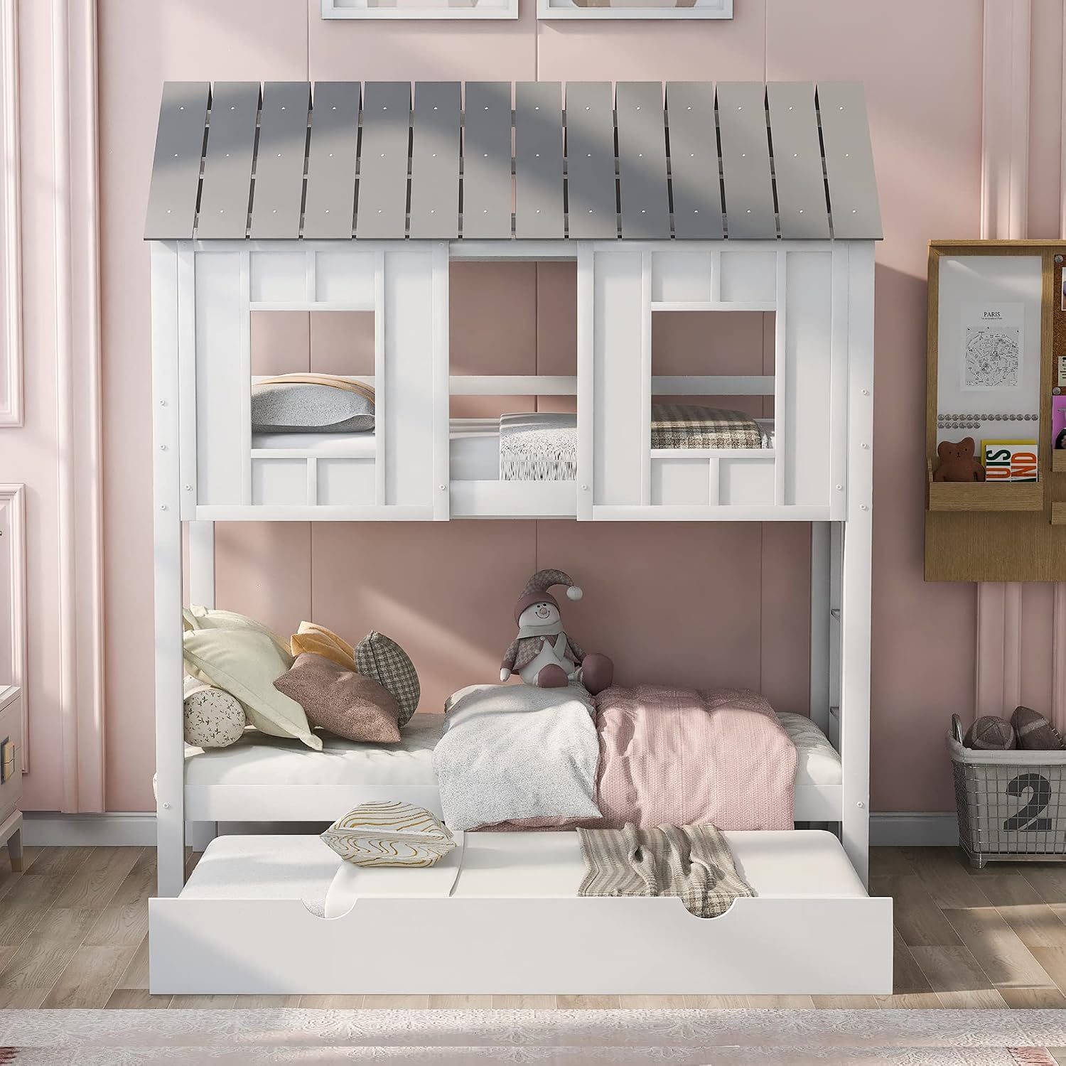 Twin Over Twin Bunk Bed for Kids Toddlers, House Bunk Bed Farm with Trundle/Roof/Windows/Guardrail for Girls/Boys, No Spring Box Required