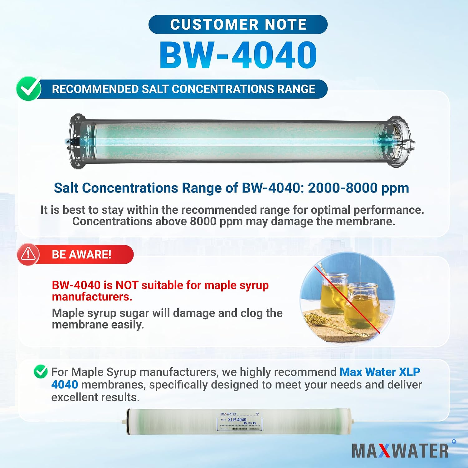 Max Water 4' x 40' BW-4040 / TW30-4040 2400 GPD Brackish Water RO Membrane Perfect for Car Wash, Whole House & Industrial Applications