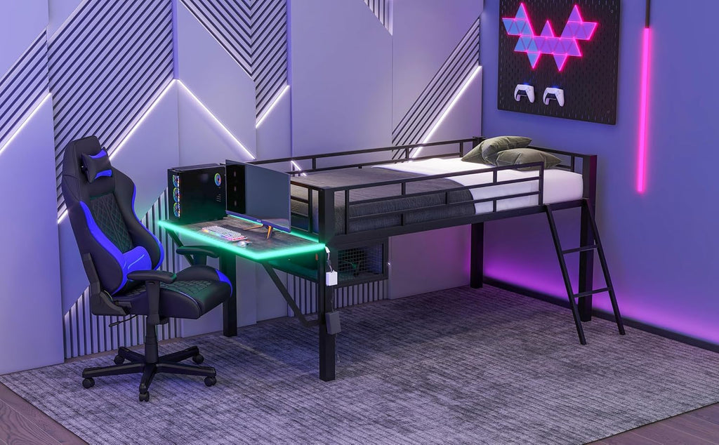 GOWE Gaming mid loft Bed with Desk, LED, Twin, Black
