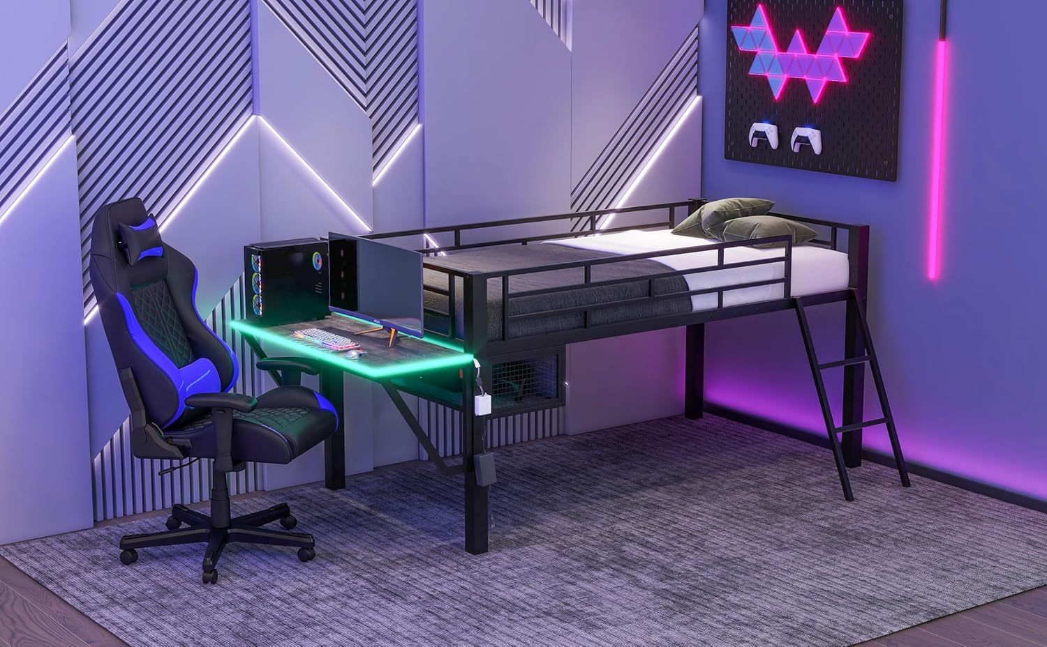 GOWE Gaming mid loft Bed with Desk, LED, Twin, Black