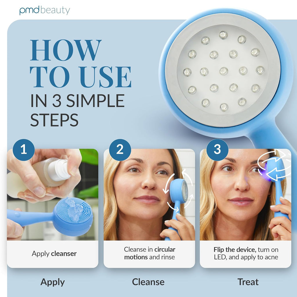 Clean, Acne, and Redvolution - Electric Facial Cleansing Brush, Smart Facial Device with Silicone Brush & Anti-Aging Massager, Red and Blue LED Light