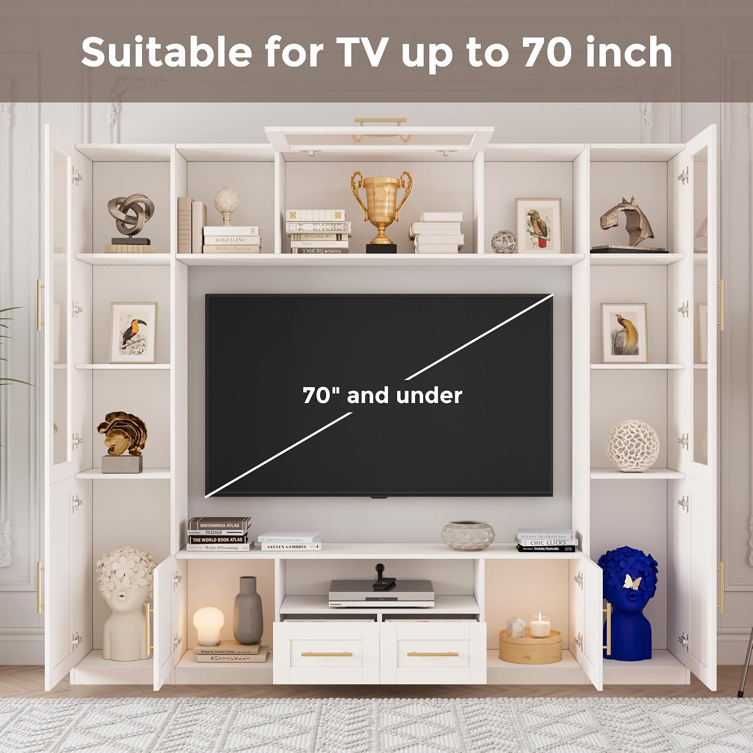 Bobve 94' Wall Unit Entertainment Center for TVs up to 70',Modern TV Console with APP LED Lights,Multifunctional TV Stand with Tempered Glass Door,Drawers & Shelves for Living Room,White