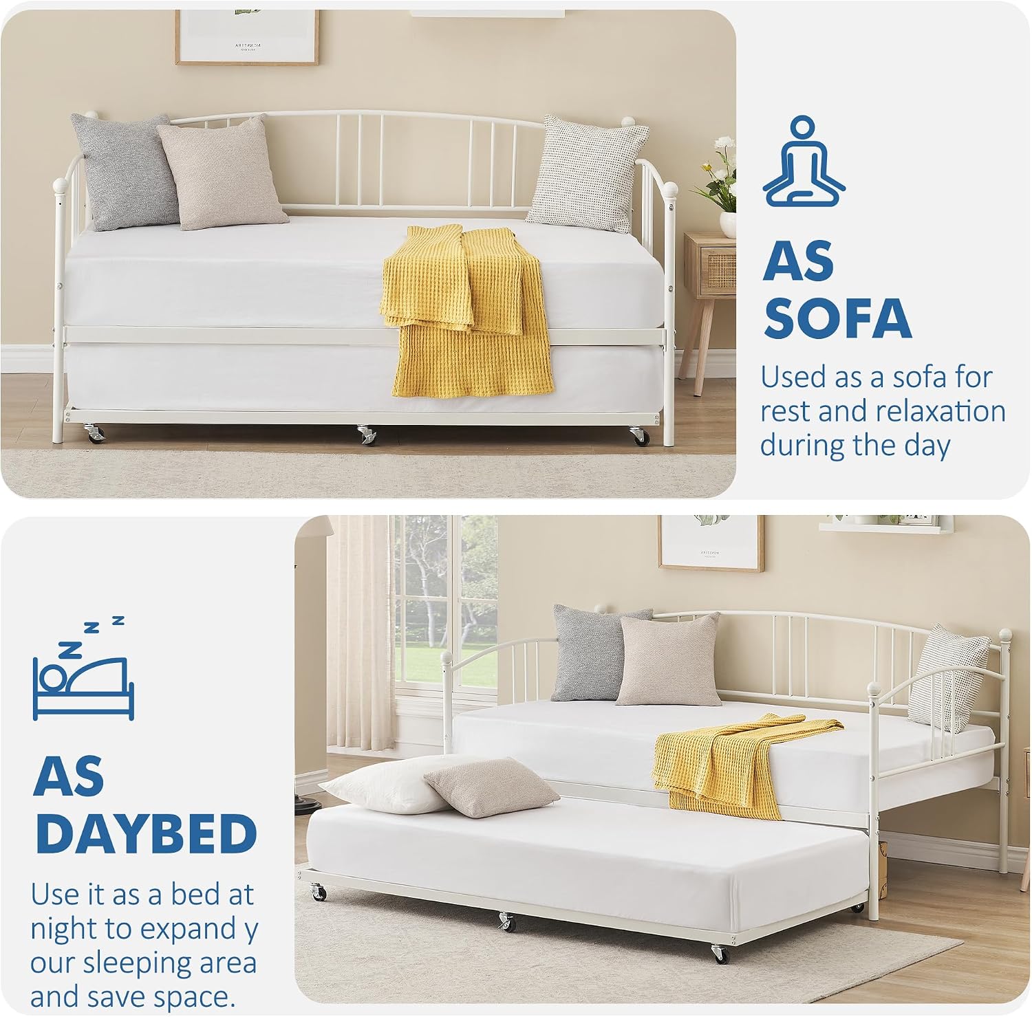 GarveeHome Daybed with Trundle, Sturdy Metal Day Bed with Steel Slat Support, Trundle Bed Twin with Arched Headboard, SofaBed for Living Room, Bedroom and Guest Room, White