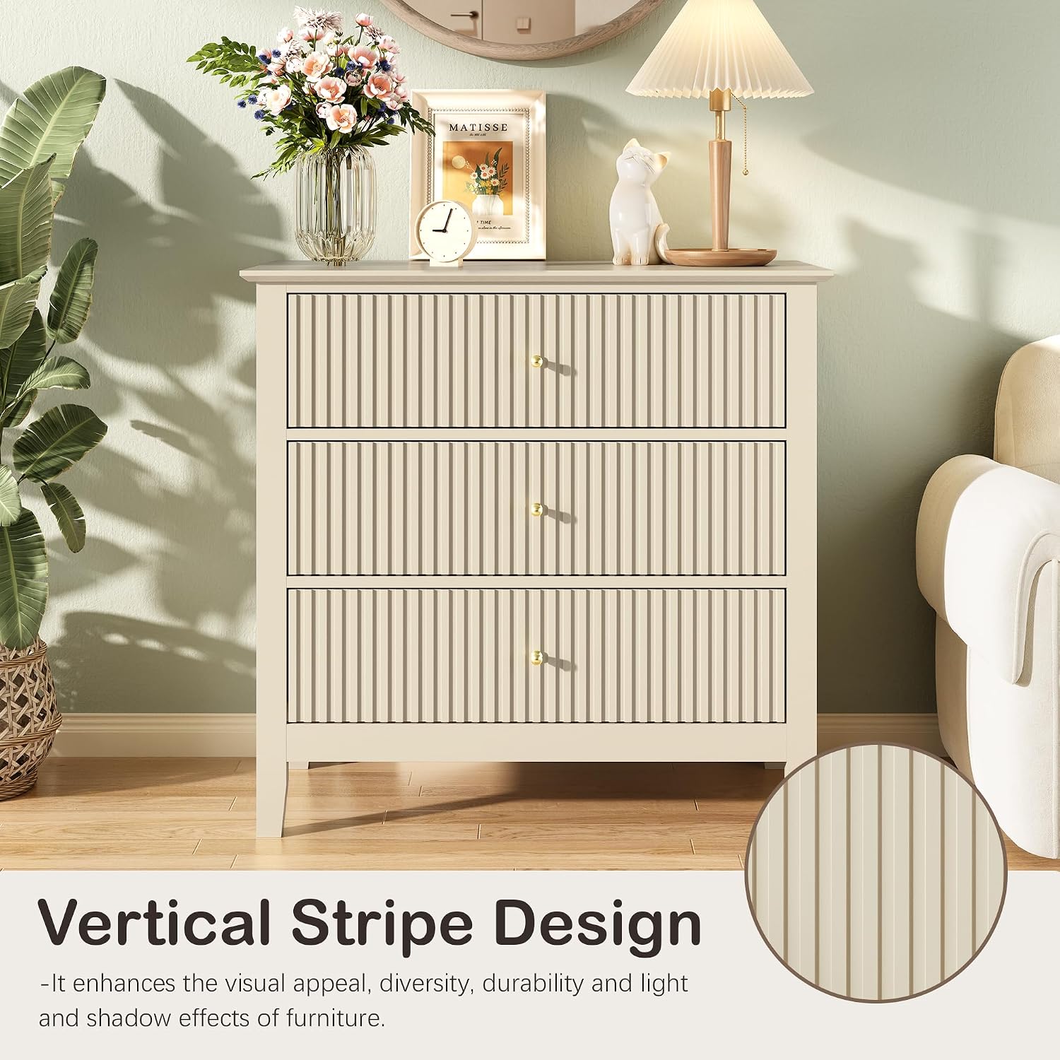 Fluted 3 Drawer Dresser Set of 2, Small Dresser Nightstand for Bedroom, Modern Wood Chest of Drawers, Wooden Dresser Nightstand with Paint Design for Closet, Hallway, Entryway, Beige