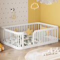 Floor Bed with No Slat, Wood Platform Bed Frame with Fence for Bedroom,No Needed Box Spring (White, Full)