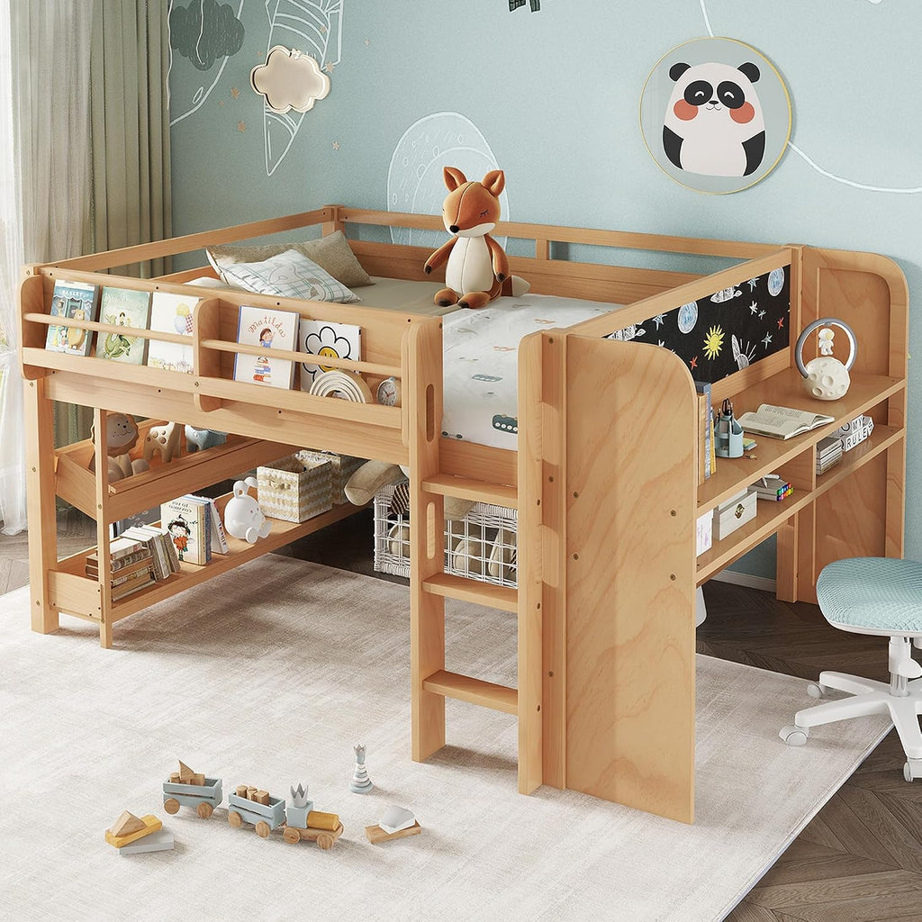 MERITLINE Full Loft Bed with Desk & Blackboard, Twin Multi-Functional Bed with Storage, All-in-One Study & Play Design (Natural)