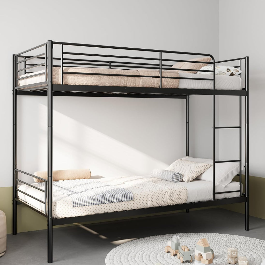 GOWE Bunk Bed with Ladder and high Guardrail, Able to Split, Metal Bunk Bed, Storage Space, Noise Free,Twin Over Twin Size,Black