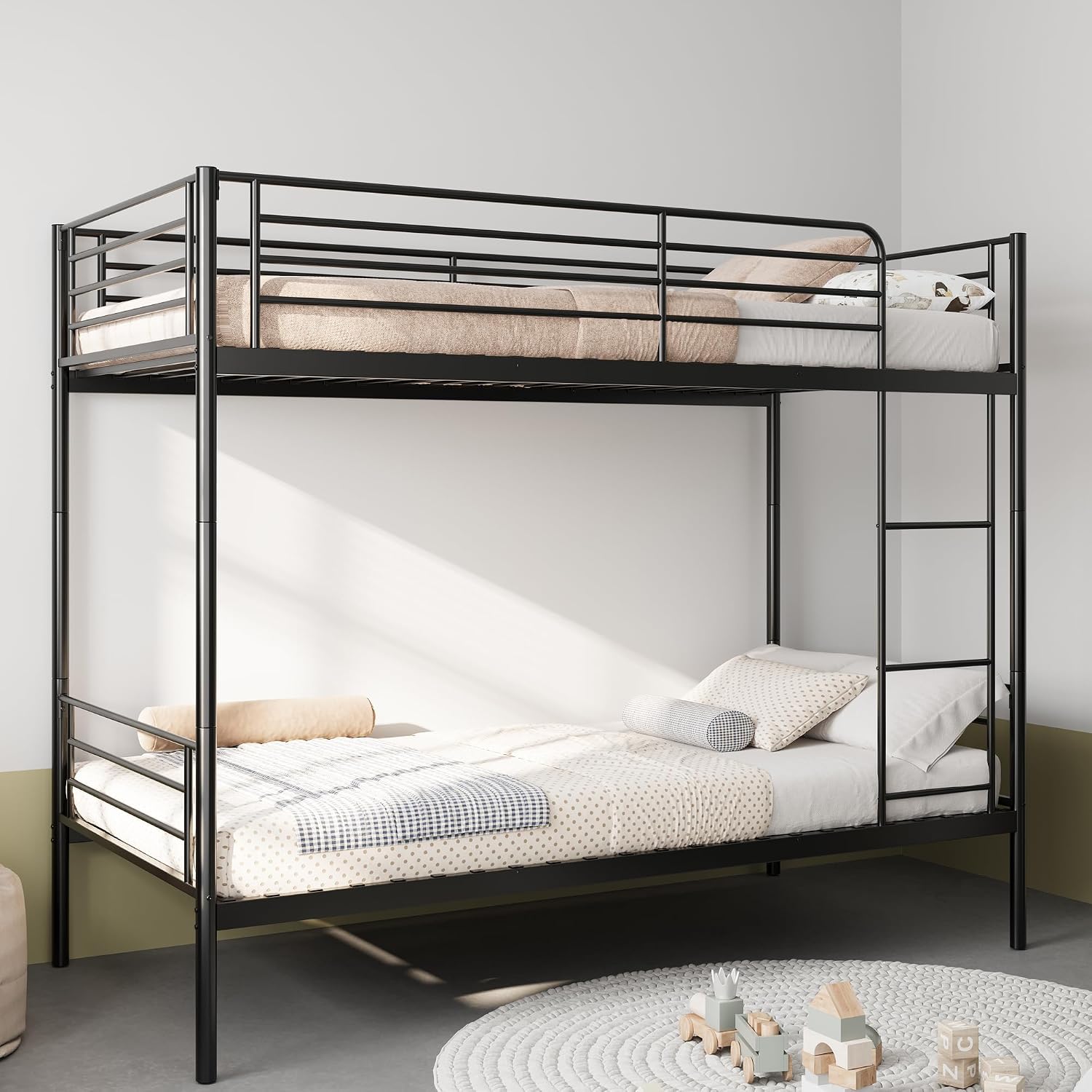 GOWE Bunk Bed with Ladder and high Guardrail, Able to Split, Metal Bunk Bed, Storage Space, Noise Free,Twin Over Twin Size,Black