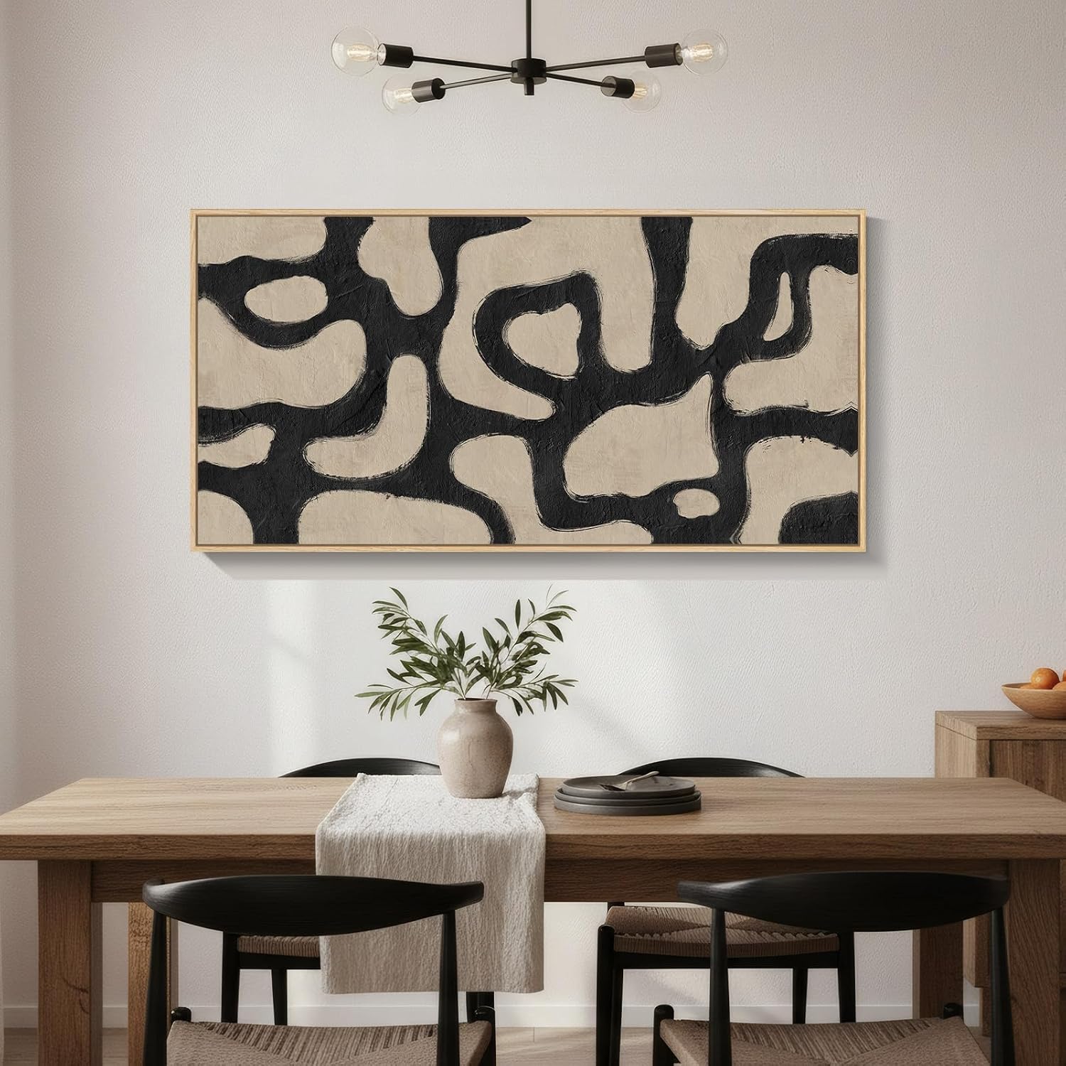 Framed Neutral Horizontal Abstract Wall Art for Living Room, Extra Large Black and Beige Modern Painting Print, Mid Century Canvas Artwork for Dining Room Bedroom Hallway Office Walls Decor, 30x60 Inch