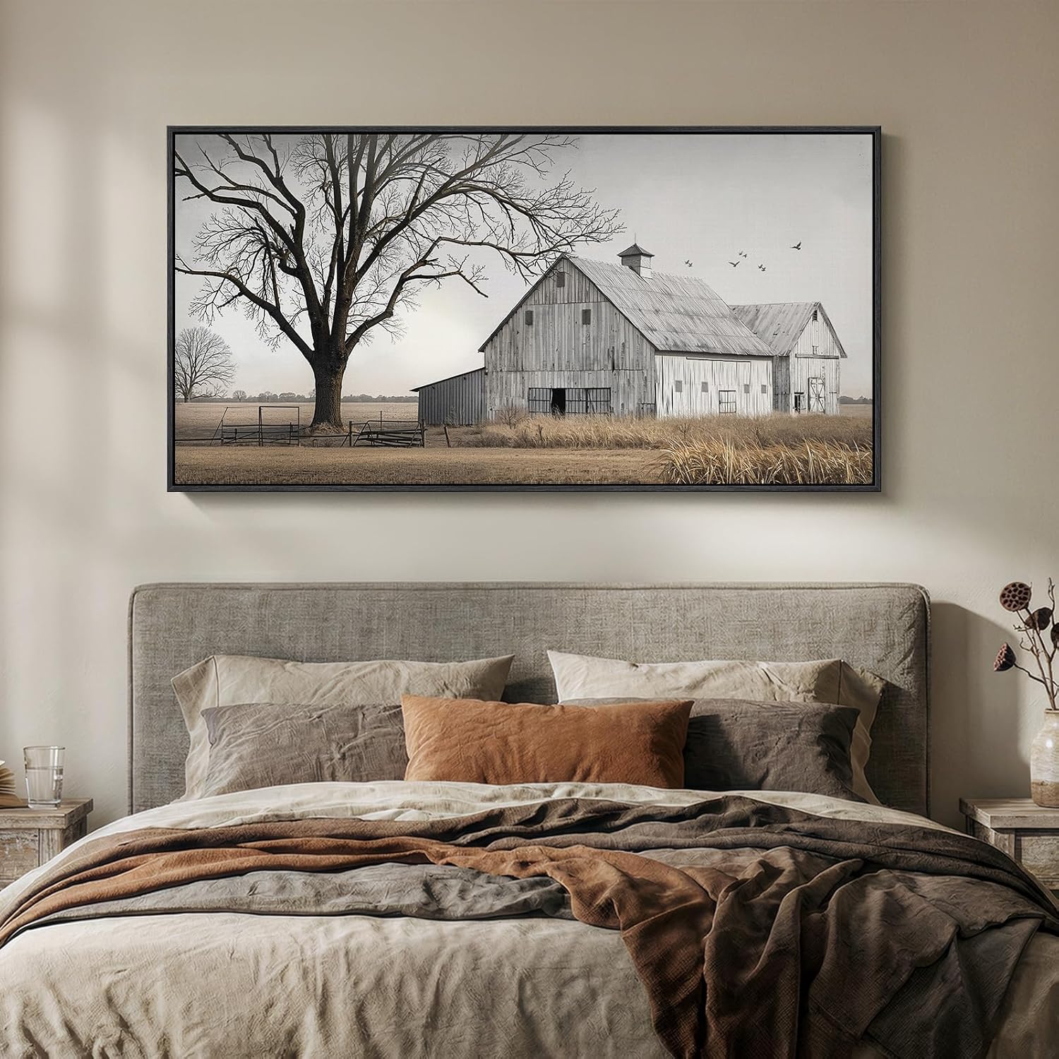 Large Framed Farmhous Wall Art for Living Room, Vintage Rustic Landscape Horizontal Canvas Print, Neutral Country Barn Wall Decor for Bedroom Dining Room Hallway 30x60 Inch