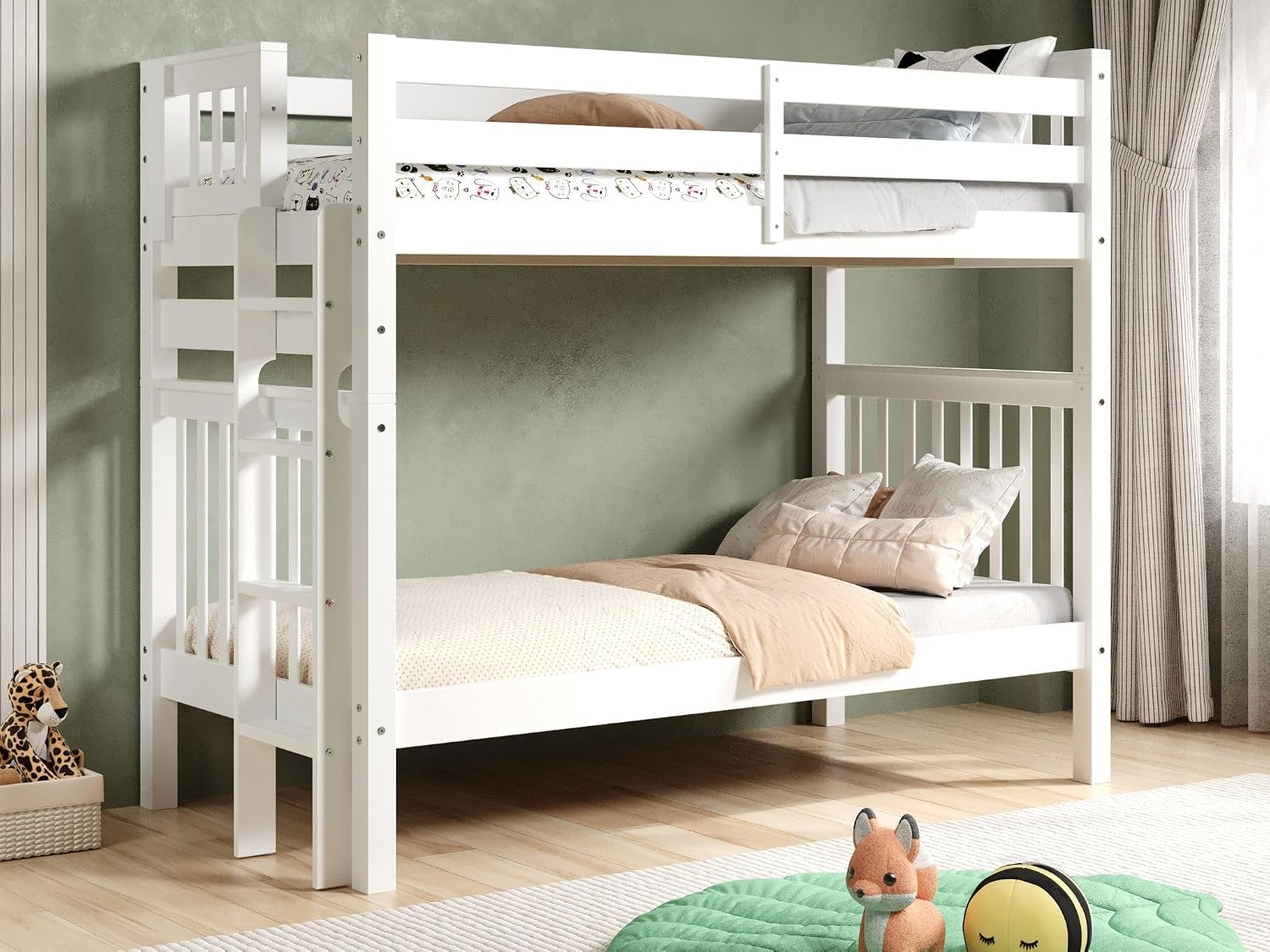 Bedz King Tall Bunk Beds Twin Over Twin Mission Style, End Ladder, White