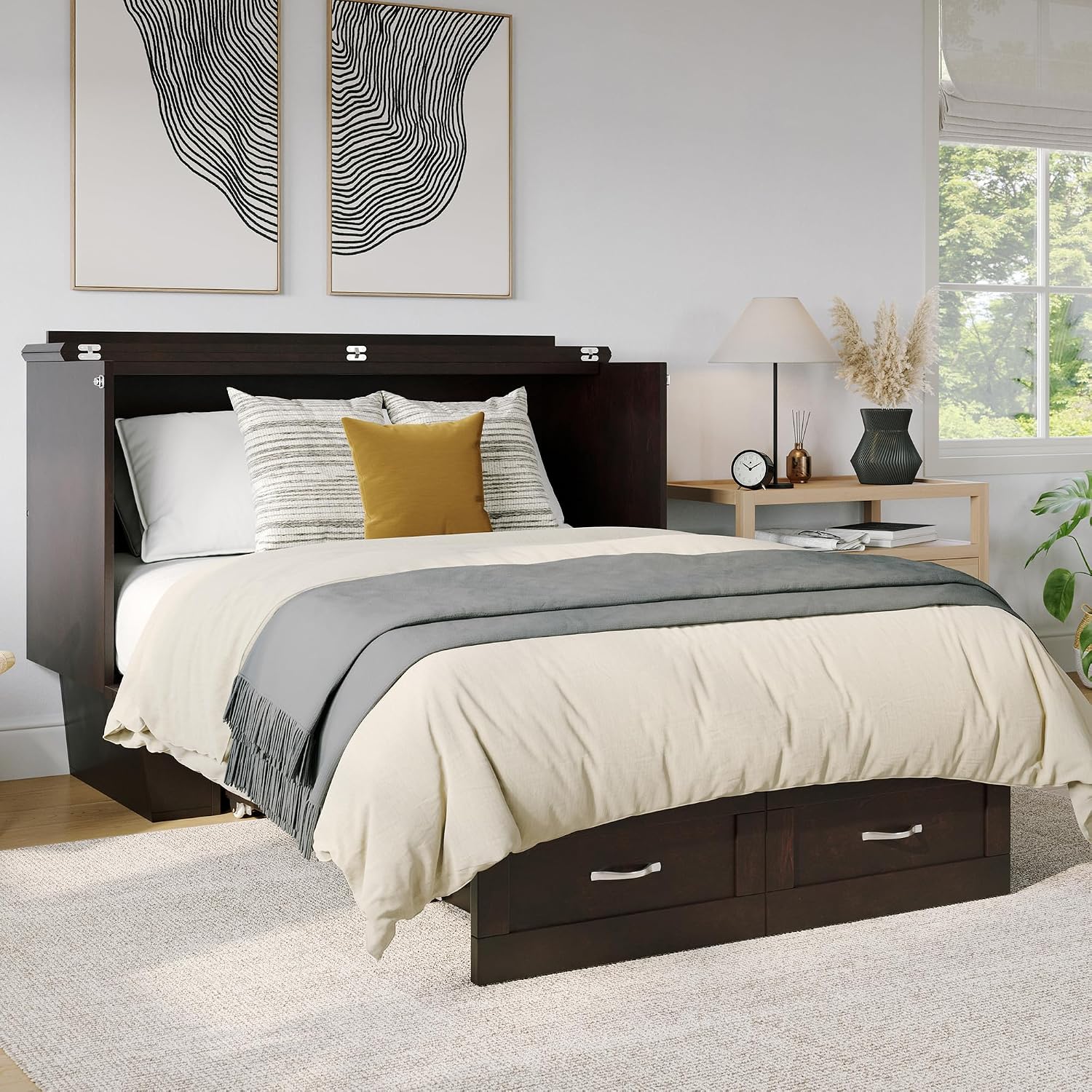 AFI, Monroe Full Murphy Bed Chest with 6' Mattress, Storage Drawer & Built-in USB Charger, Espresso