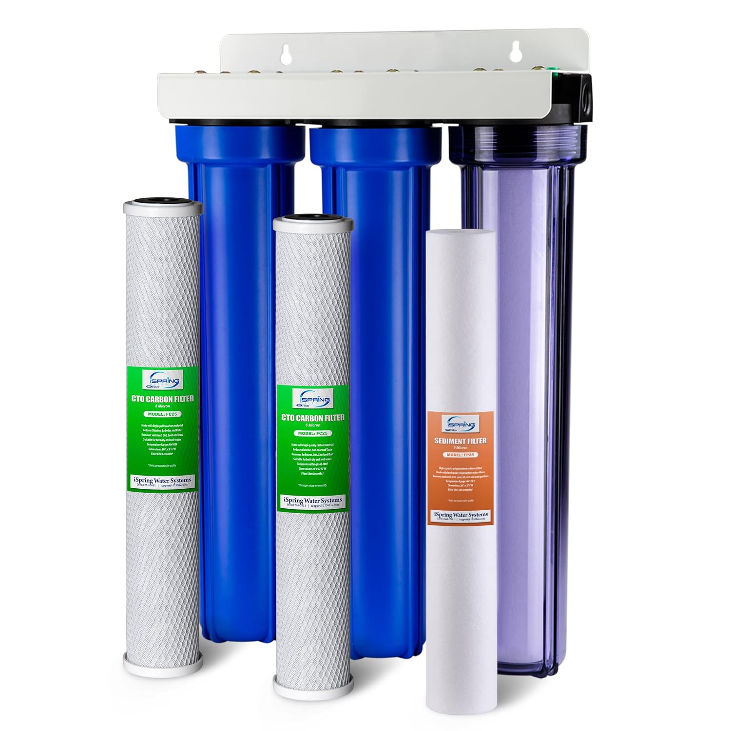 iSpring Whole House Water Filter System, Highly Reduces up to 99% Chlorine, Sediment, Taste, Odor, 3-Stage Water Filtration System w/Clear 1st-Stage Housing, Model: WCB32C, 3/4' Inlet/Outlet