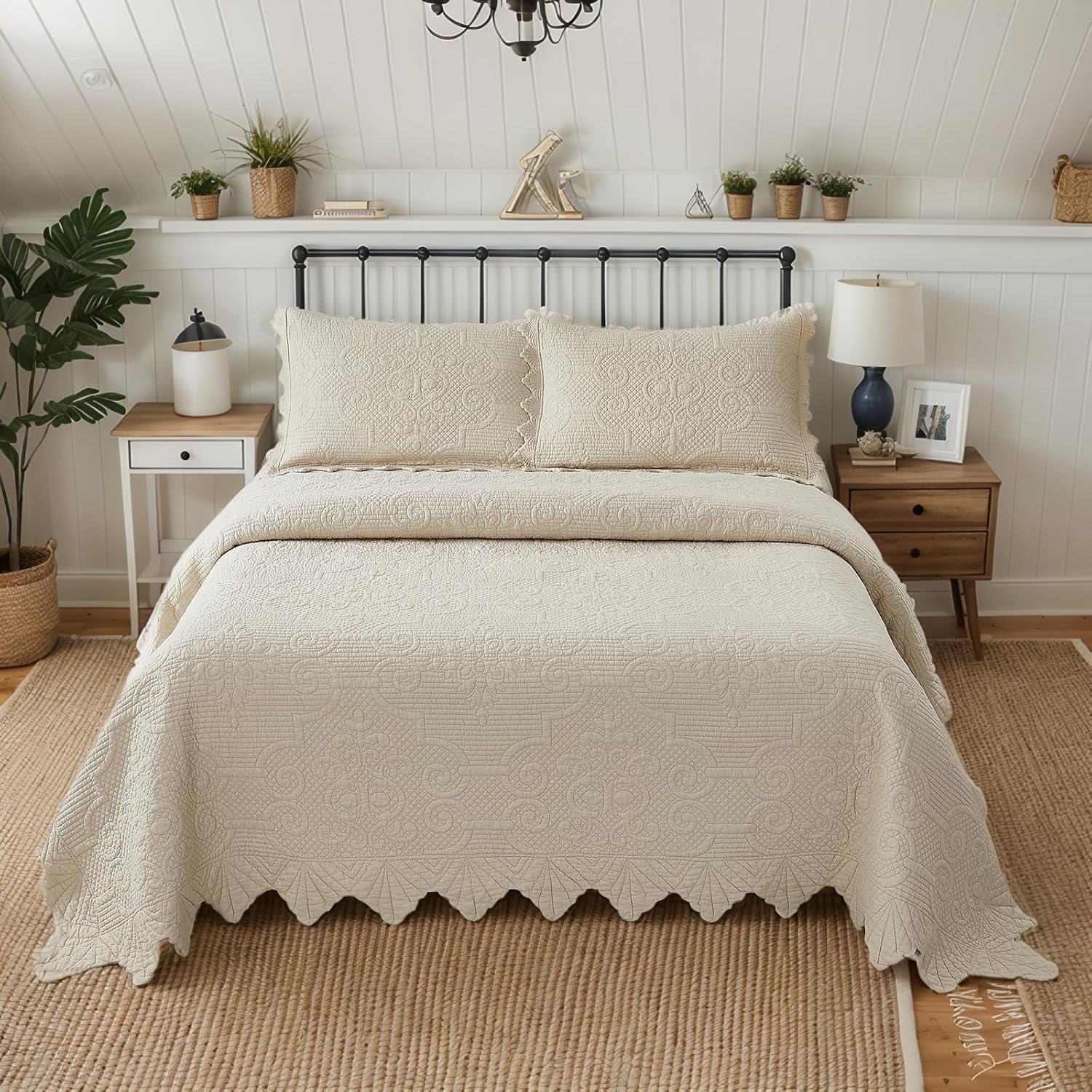 Brandream Heirloom Victorian Matelasse Quilt Set – 100% Pure High-Density Cotton with Intricate Embossed Medallions & Artisan Scalloped Edges (Vintage Beige, 3-Piece King)