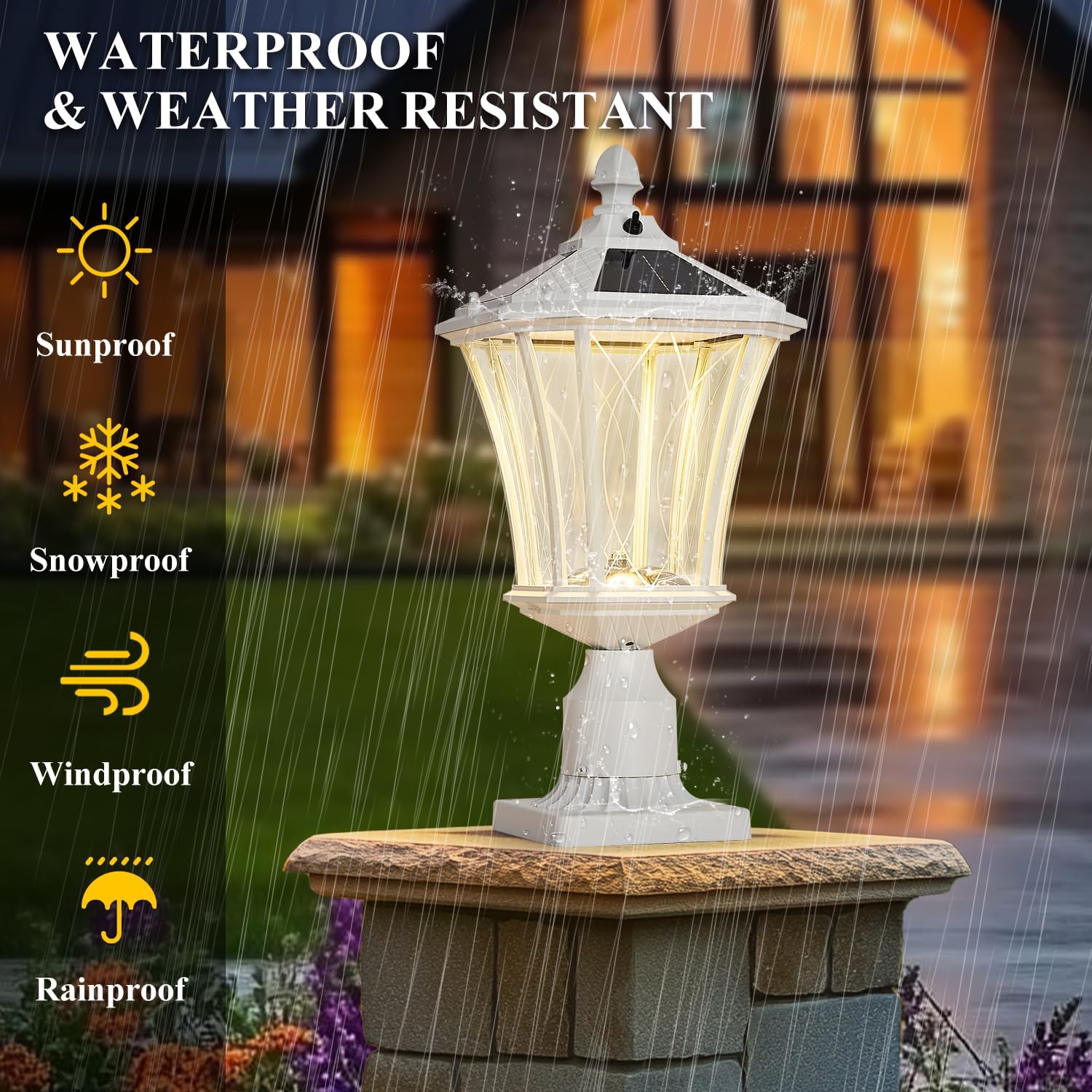Outdoor Solar Post Lights with Pier Mount Base, White Dusk to Dawn Pillar Lamps with Patterned Glass, Waterproof Exterior Pole Lanterns with for Patio, Garden, Porch