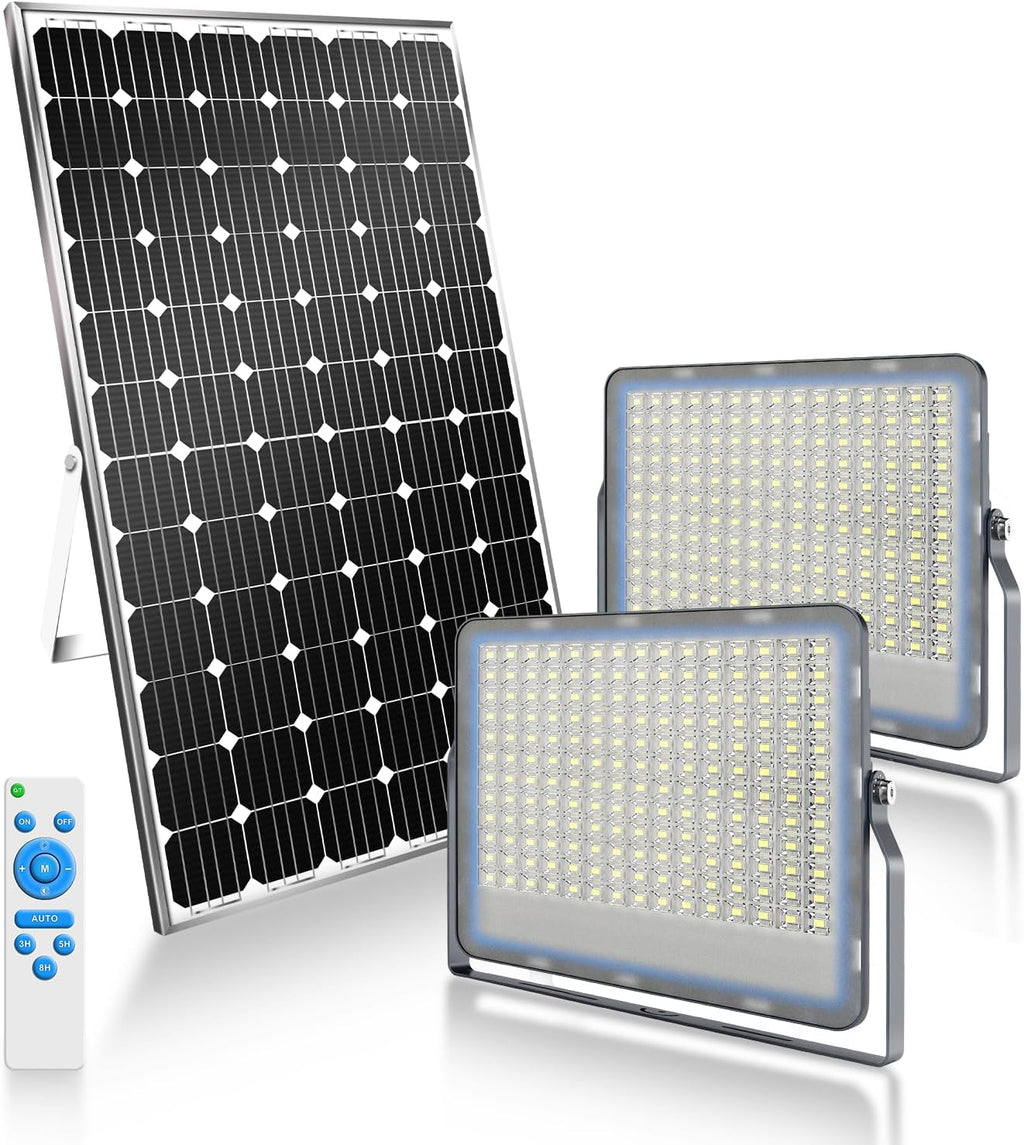 Gebosun 2 Pack 300W Solar Flood Light Outdoor, 24000LM LED Solar Security Light, IP67 Waterproof Dusk to Dawn Solar Light with Remote Control, Bright Solar Yard Light for Garage Garden Farm