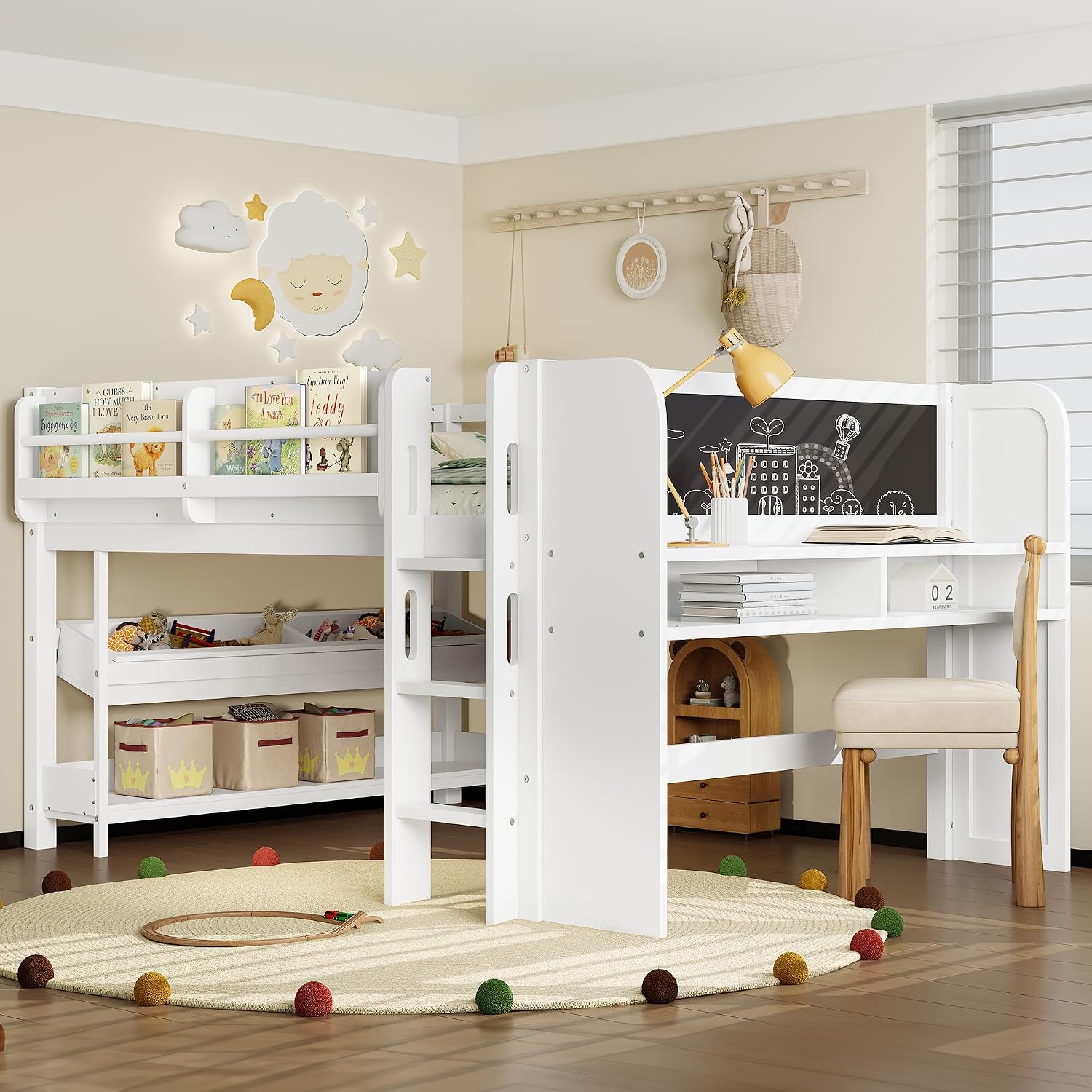 MERITLINE Full Loft Bed with Desk & Blackboard, Twin Multi-Functional Bed with Storage, All-in-One Study & Play Design, White