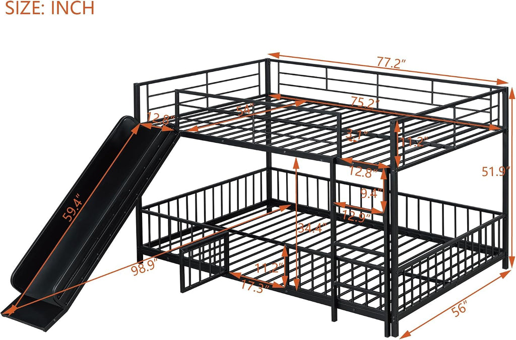 JIVOIT Metal Bunk Bed Frame with Slide and Ladder, Full Over Full Bunk Bed Size with Metal Slats Support, Full-Length Guardrail, Heavy Duty Metal Low Bunk Bed, No Box Spring Needed (Black,Full,09)