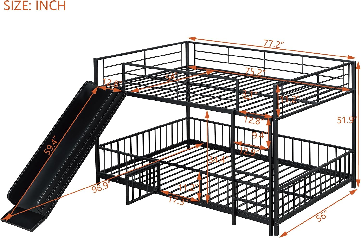 JIVOIT Metal Bunk Bed Frame with Slide and Ladder, Full Over Full Bunk Bed Size with Metal Slats Support, Full-Length Guardrail, Heavy Duty Metal Low Bunk Bed, No Box Spring Needed (Black,Full,09)